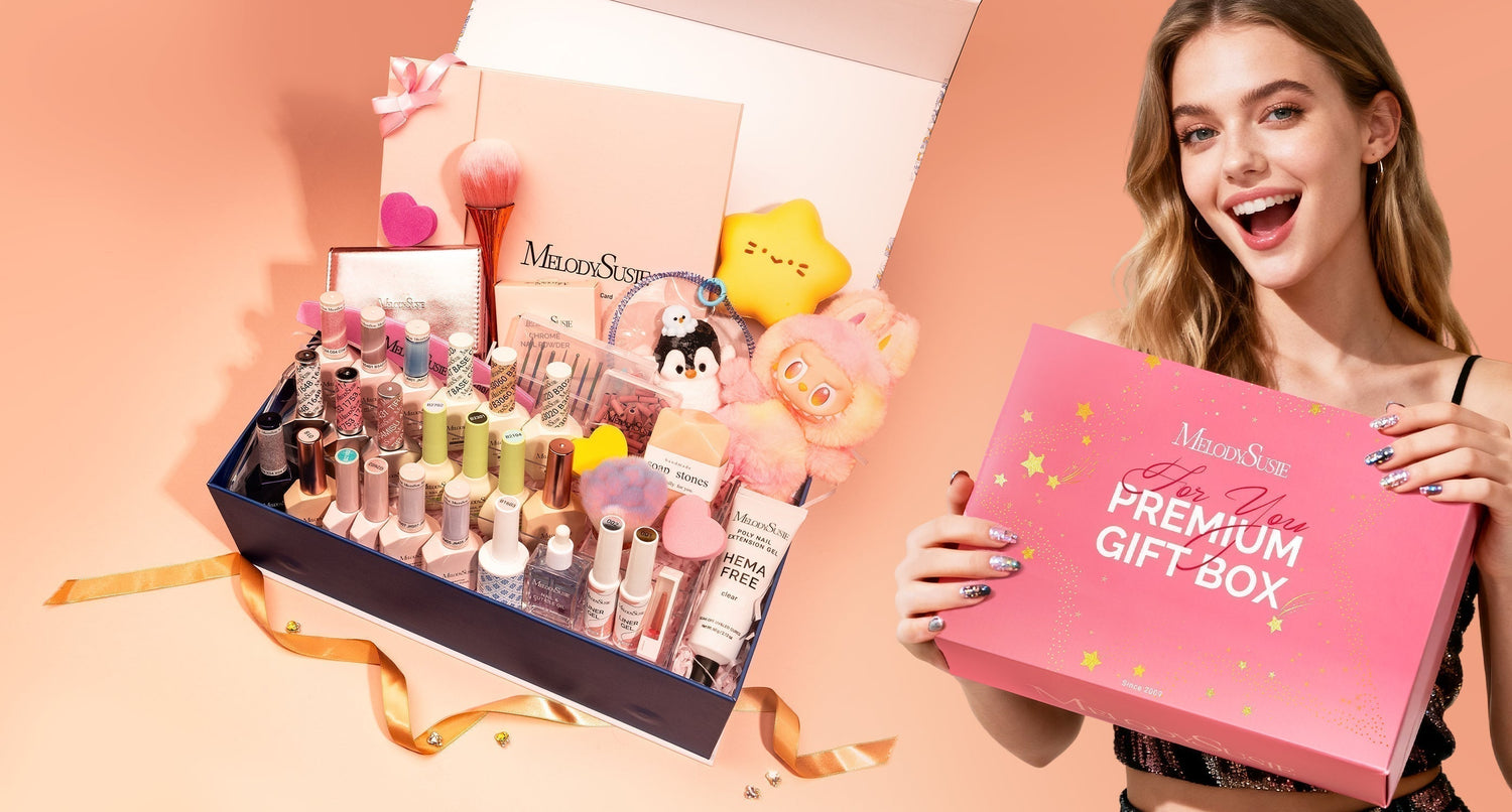 A smiling young woman holds a pink gift box labeled "MelodySusie For You, Premium Gift Box."