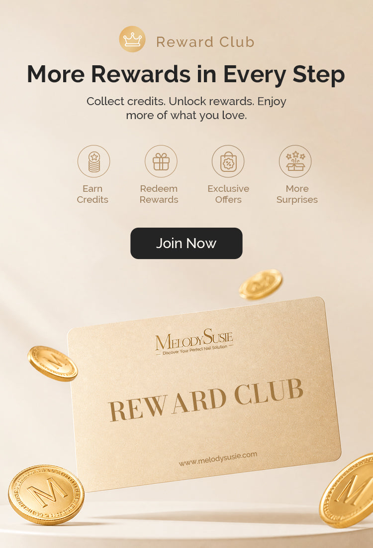 Promotional graphic for the Melody Muse Reward Club, featuring a beige card with gold lettering and floating gold coins on a light beige background. The top text reads 'More Rewards in Every Step' with icons for earning credits, redeeming rewards, exclusive offers, and more surprises, plus a black 'Join Now' button.