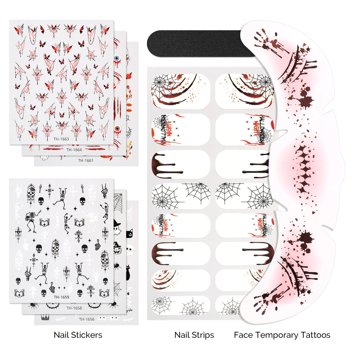 Halloween Nail Art Stickers & Nail Strips & Face Temporary Tattoos Set