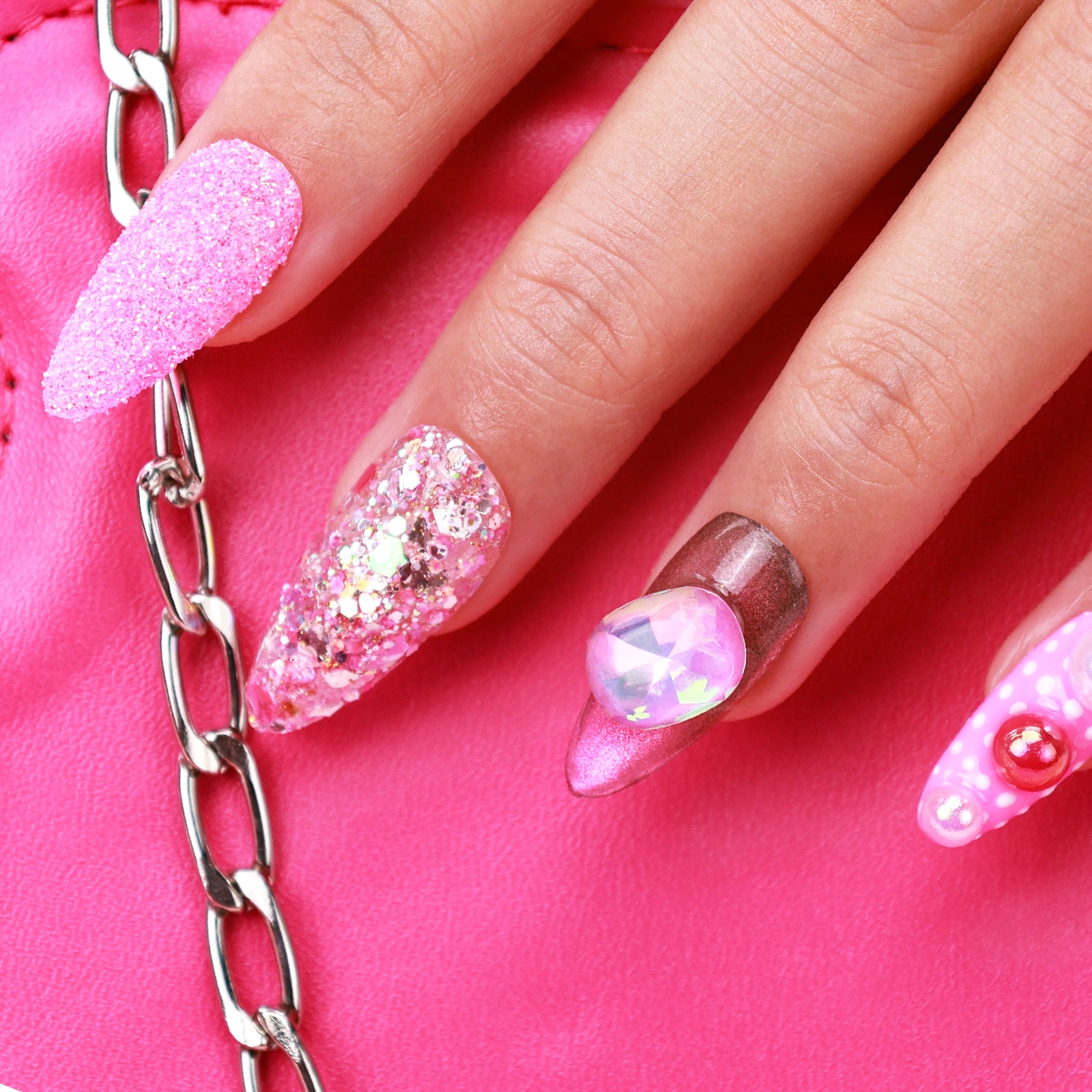 Pink Polka Dot Stiletto Short Press On Nails | MelodySusie