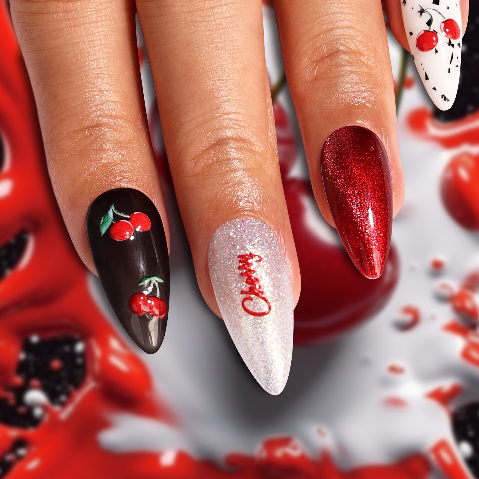 Cherry Boom Stiletto Regular Press On Nails