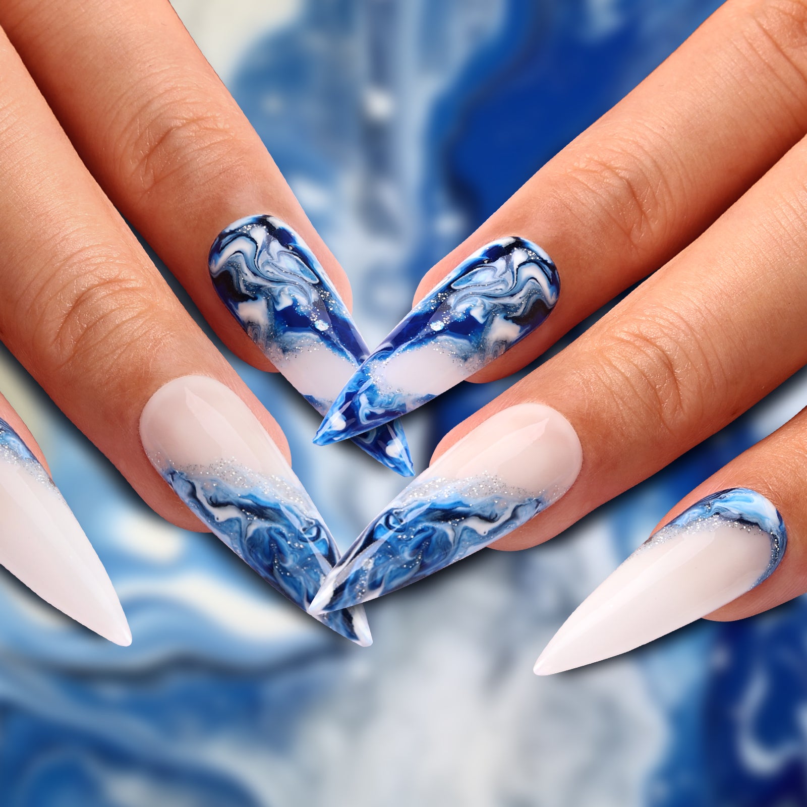 Sapphire Elegance Stiletto Long Press On Nails | MelodySusie