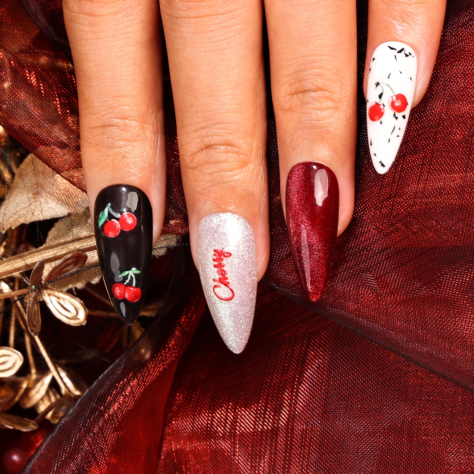 Cherry Boom Stiletto Regular Press On Nails