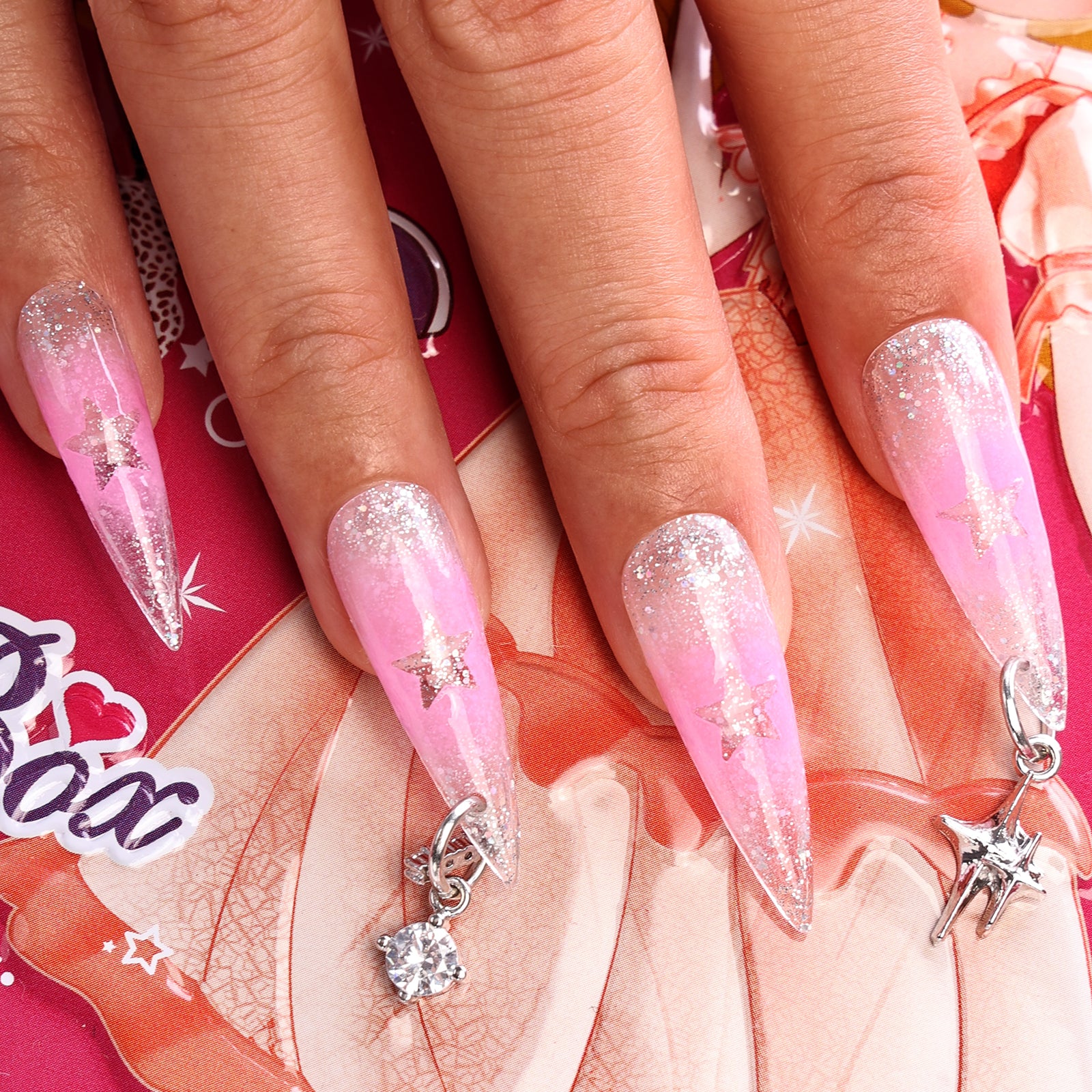 Starlit Blush Stiletto Mid Length Press On Nails| MelodySusie