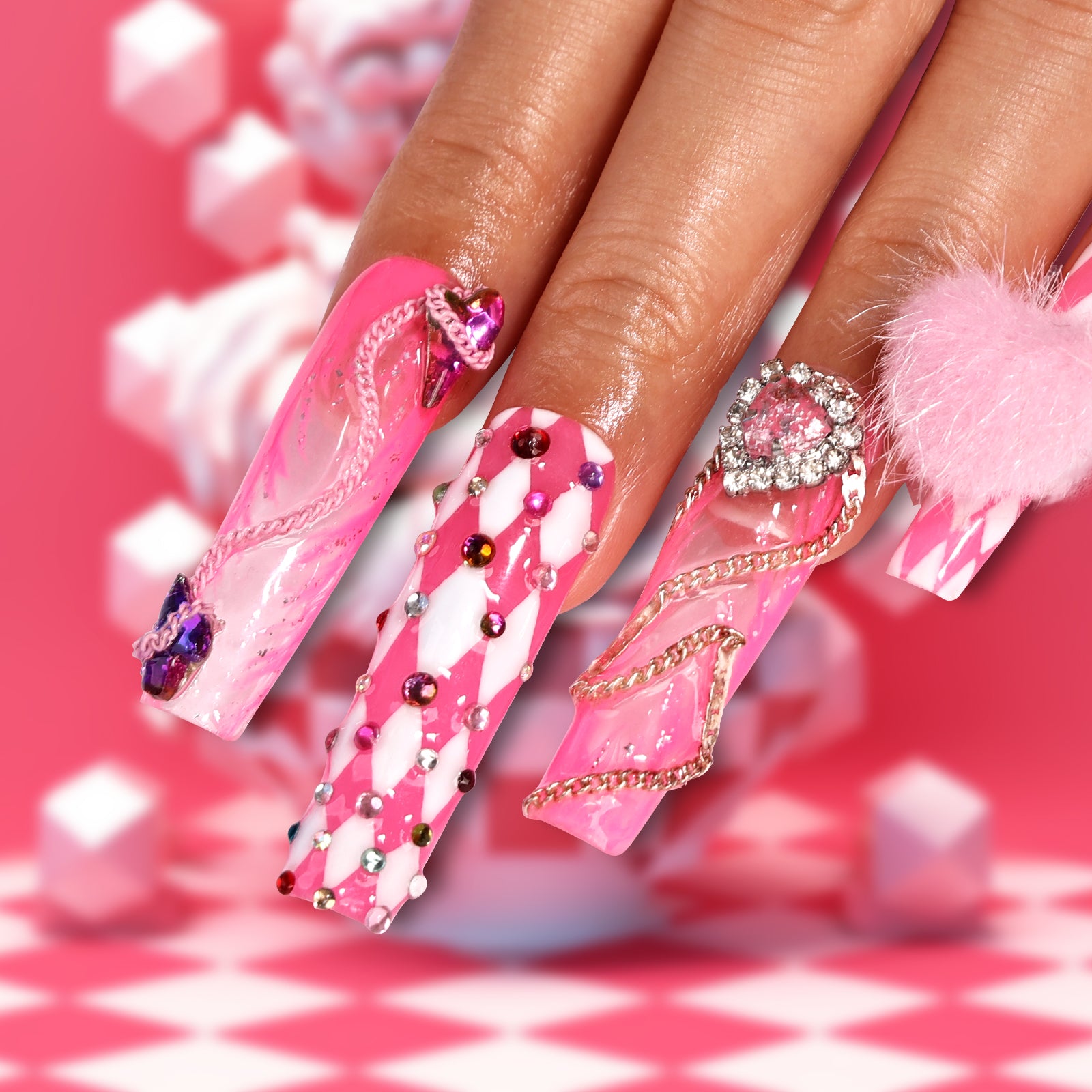 Cupid's Checkerboard Square Xtreme Press On Nails | MelodySusie