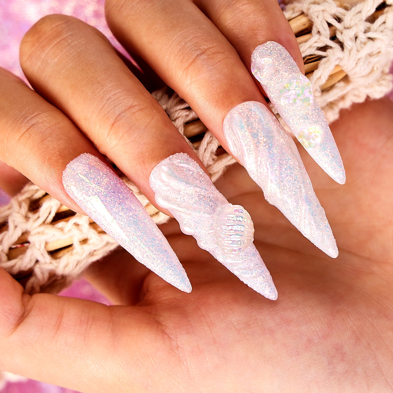 Shell Shimmer Stiletto Long Press On Nails