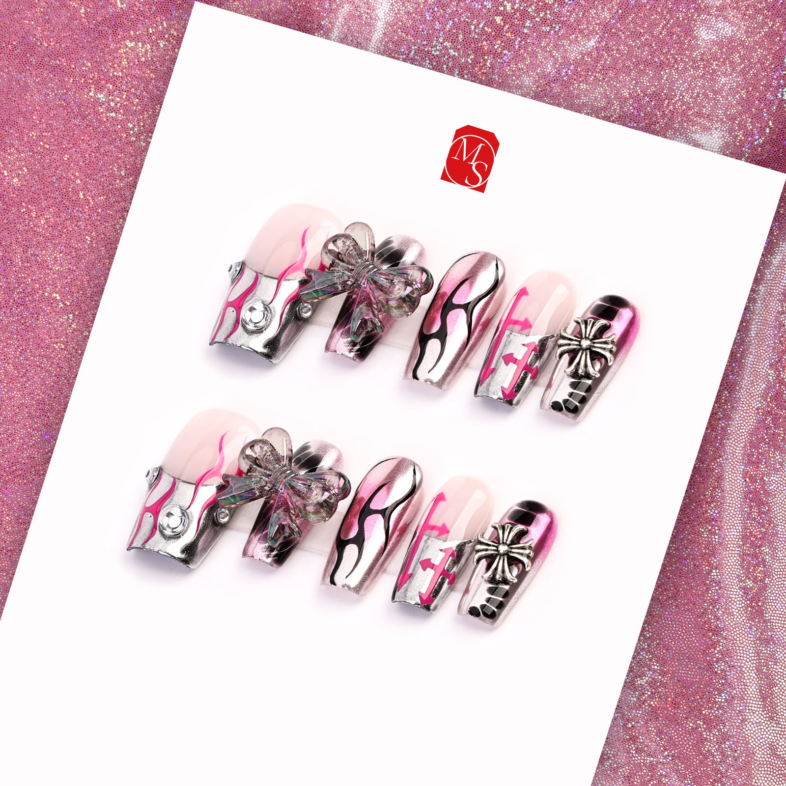 Metallic Bowtie Coffin Short Press On Nails | MelodySusie