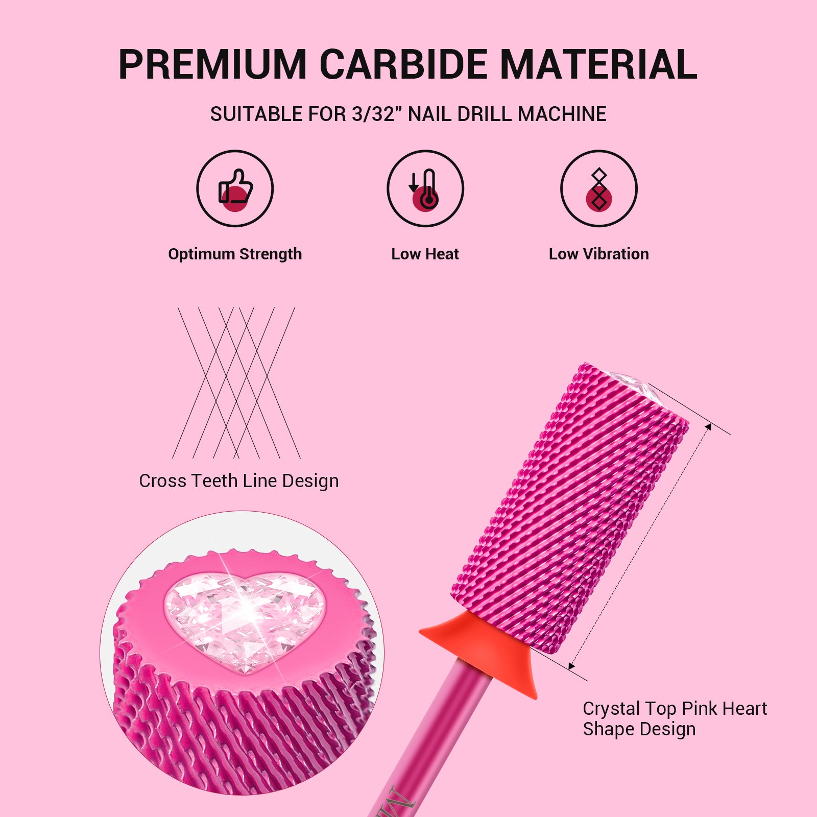 Large Barrel Tungsten Carbide Nail Drill Bit, Crystal Top Heart Shape