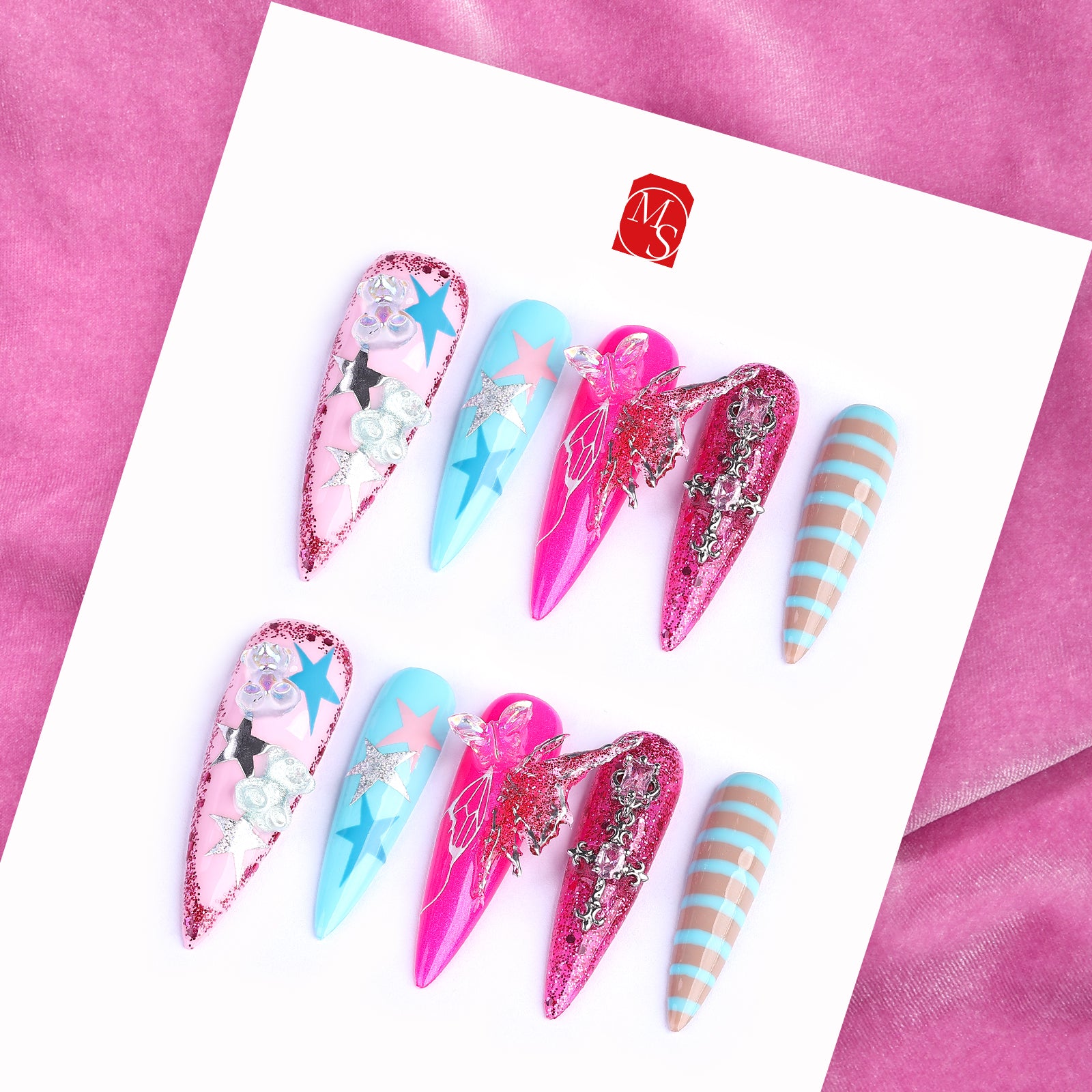 Baby Pink Blue Stiletto Long Press On Nails | MelodySusie