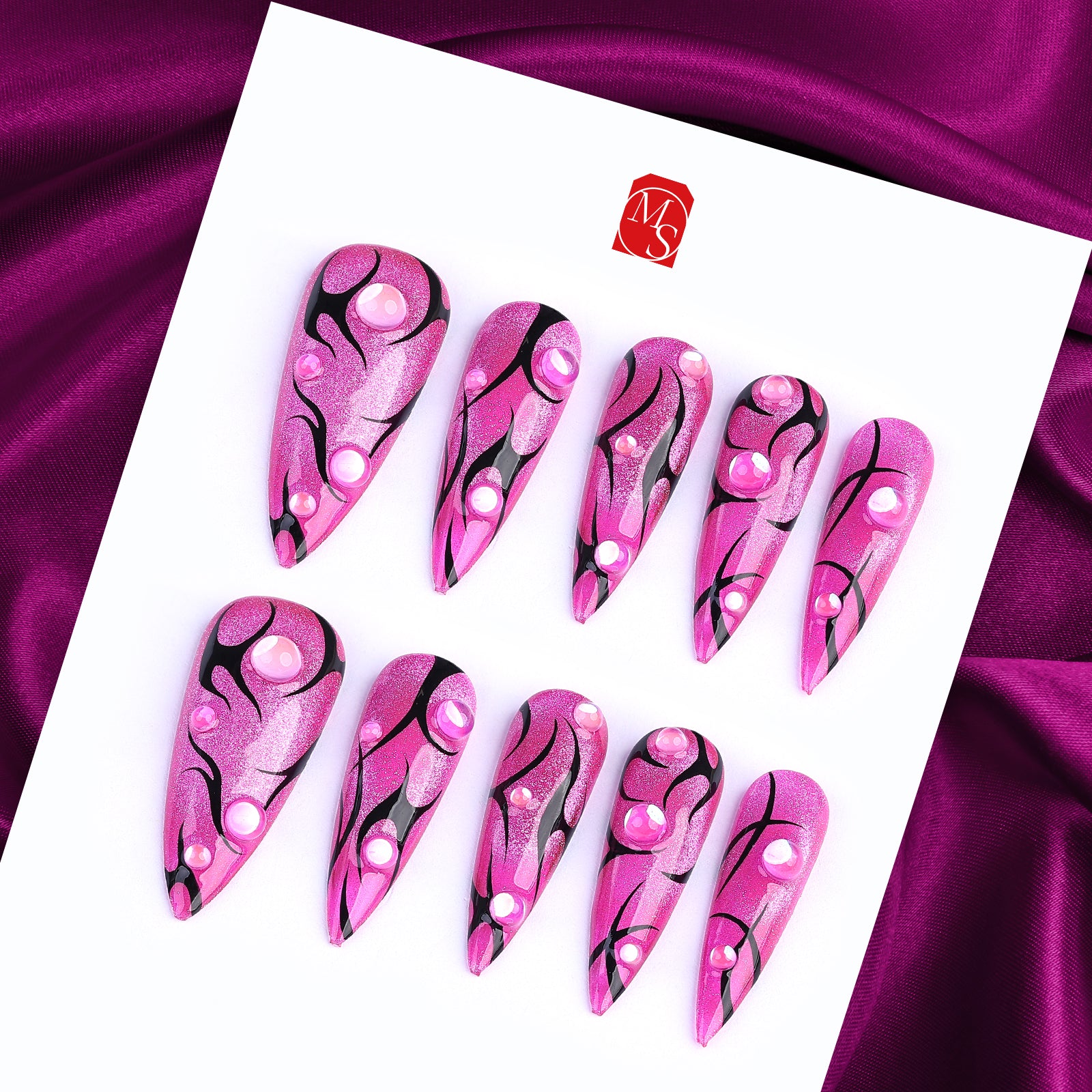 Pink Velvet Stiletto Long Press On Nails | MelodySusie