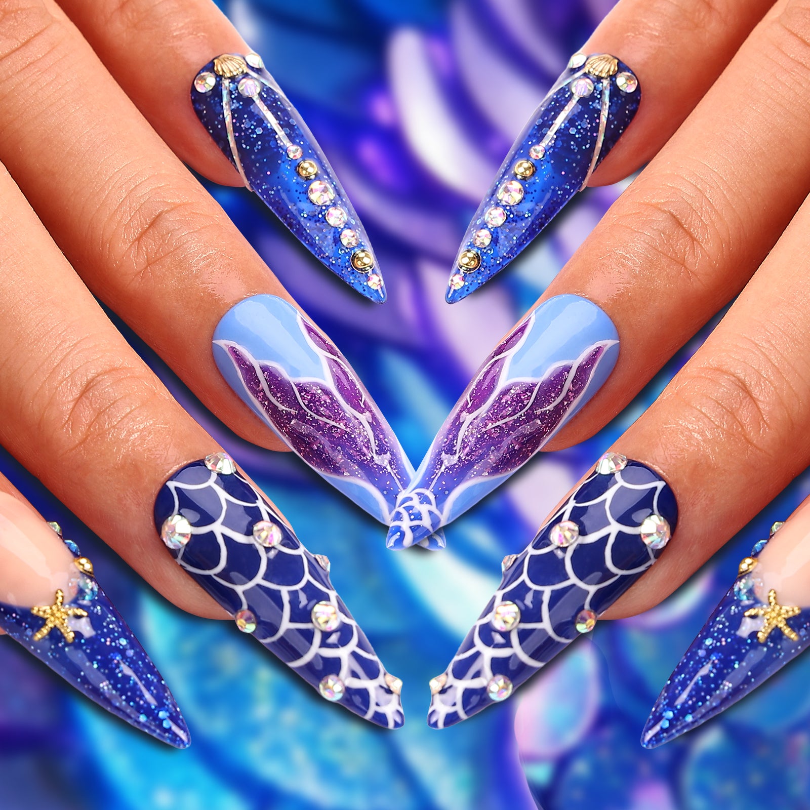 Mermaid Lagoon Stiletto Mid Length Press On Nails
