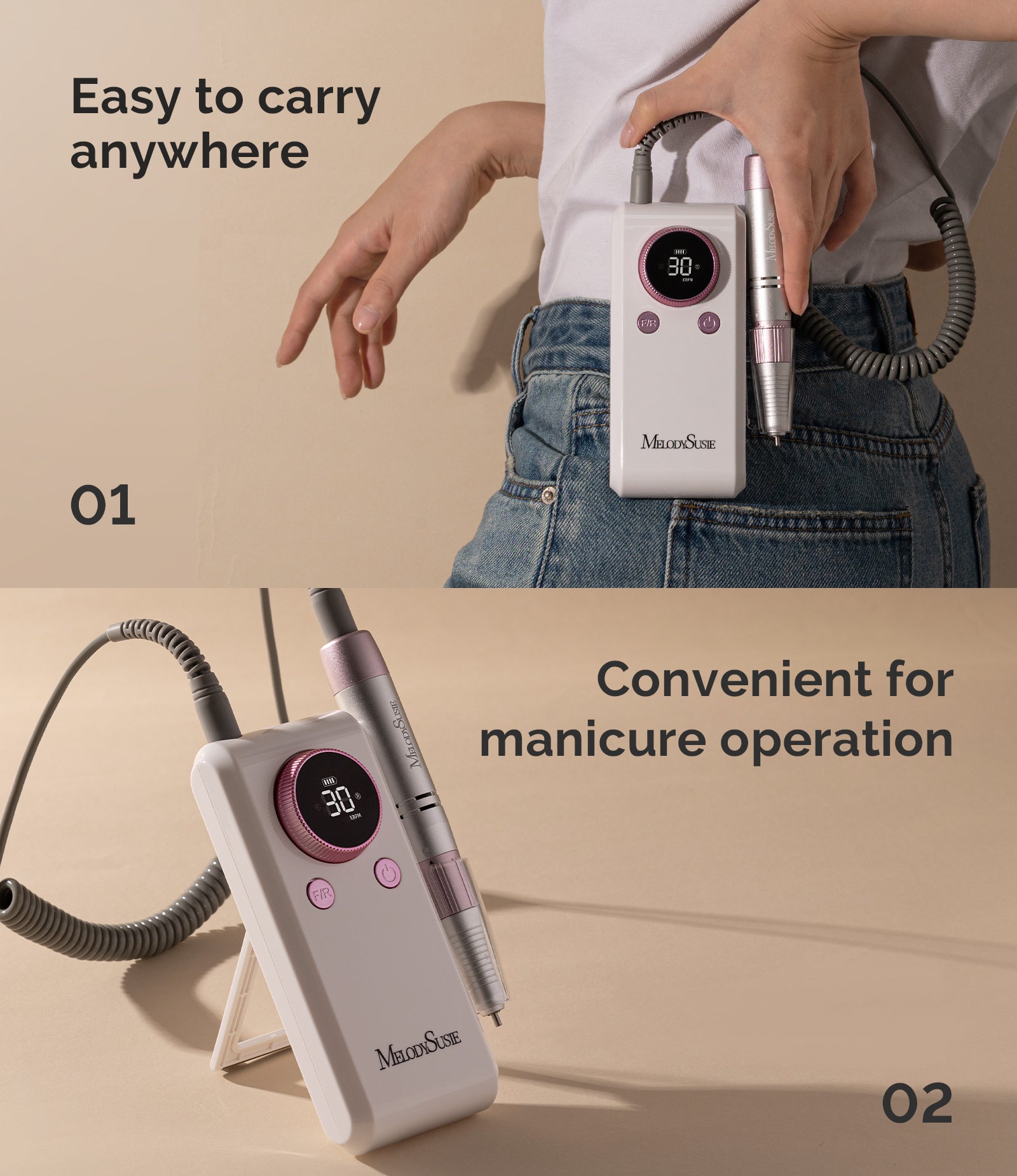 SC330G Clip-On Rechargeable 2-in-1 Nail Drill with Built-In Stand 30,000RPM - Pink