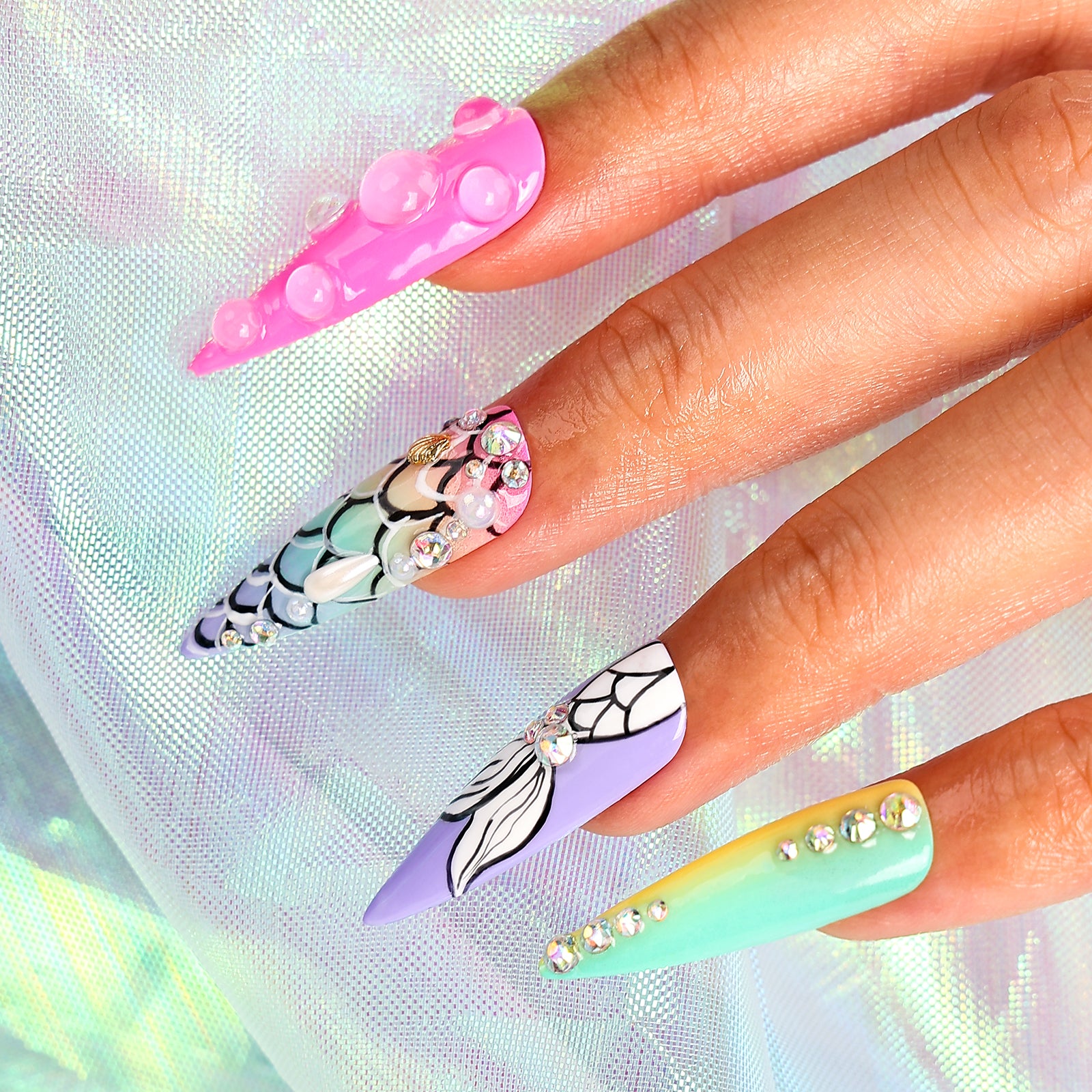 Mermaid Palette Stiletto Long Press On Nails