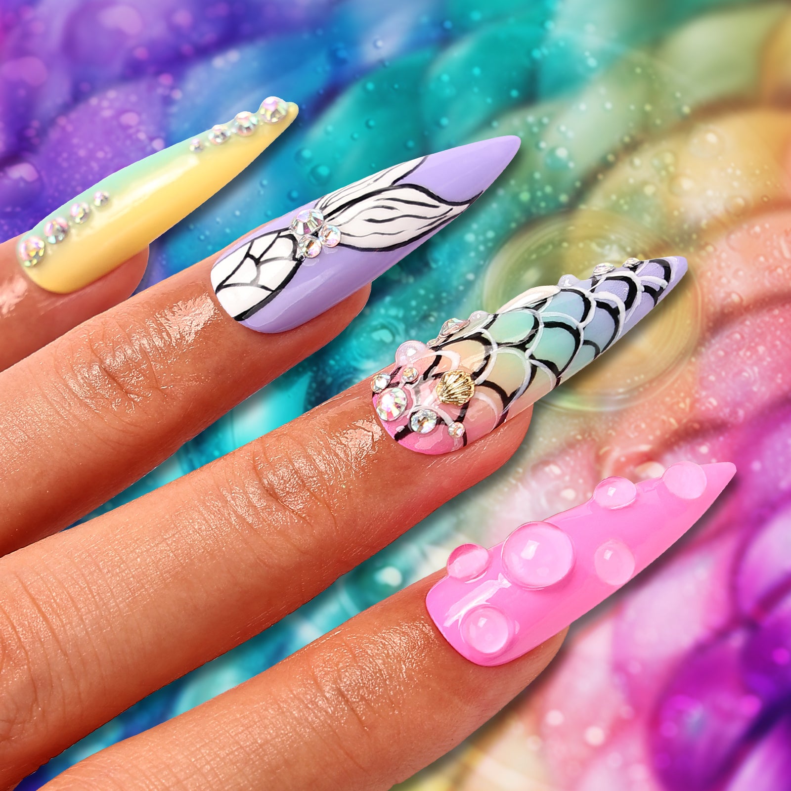 Mermaid Palette Stiletto Long Press On Nails