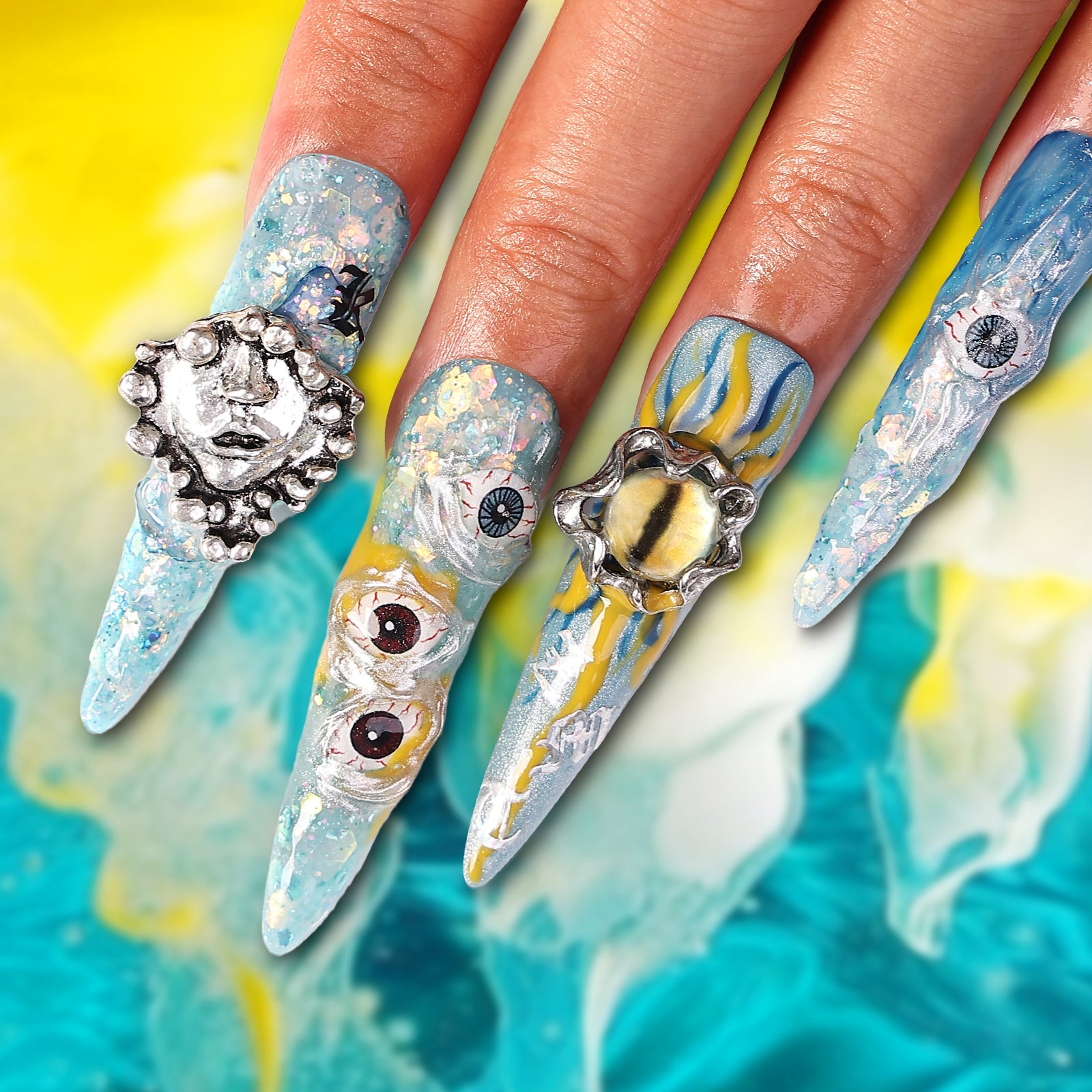 Mysterious Sea Stiletto Longest Press On Nails