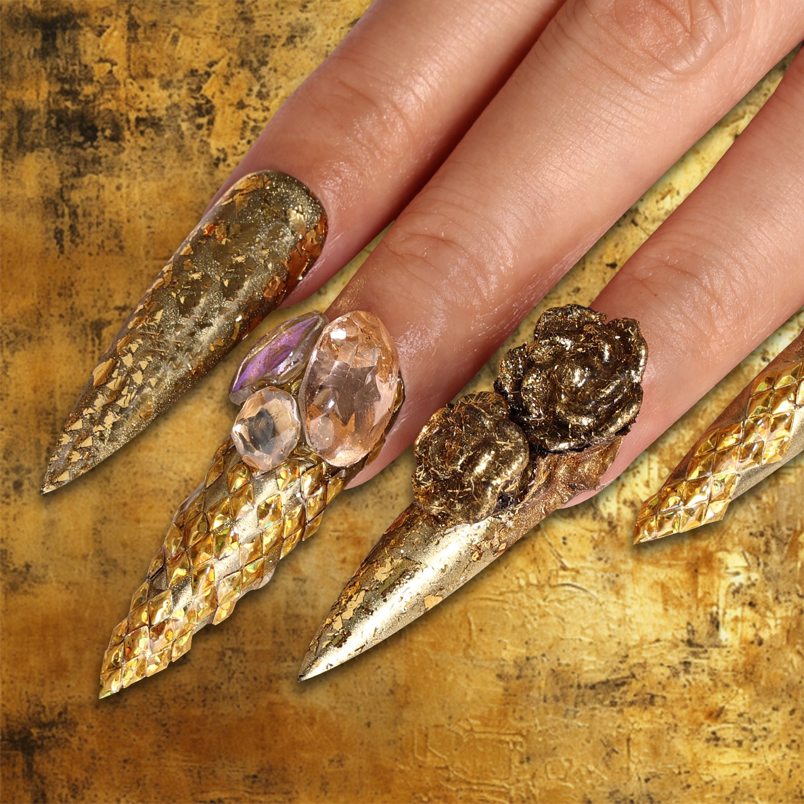 Rosy in Gold Stiletto Long Press On Nails | MelodySusie