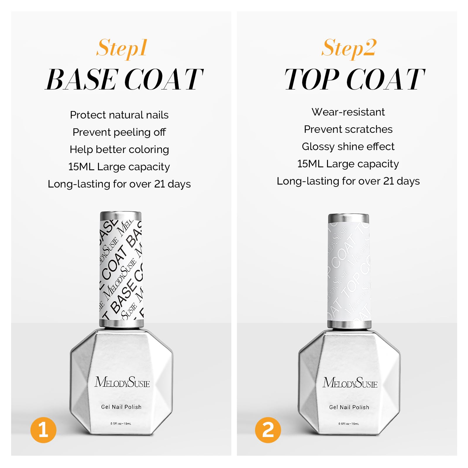 Glossy Top Coat & Base Coat Nail Gel Polish 2Pcs 15ml