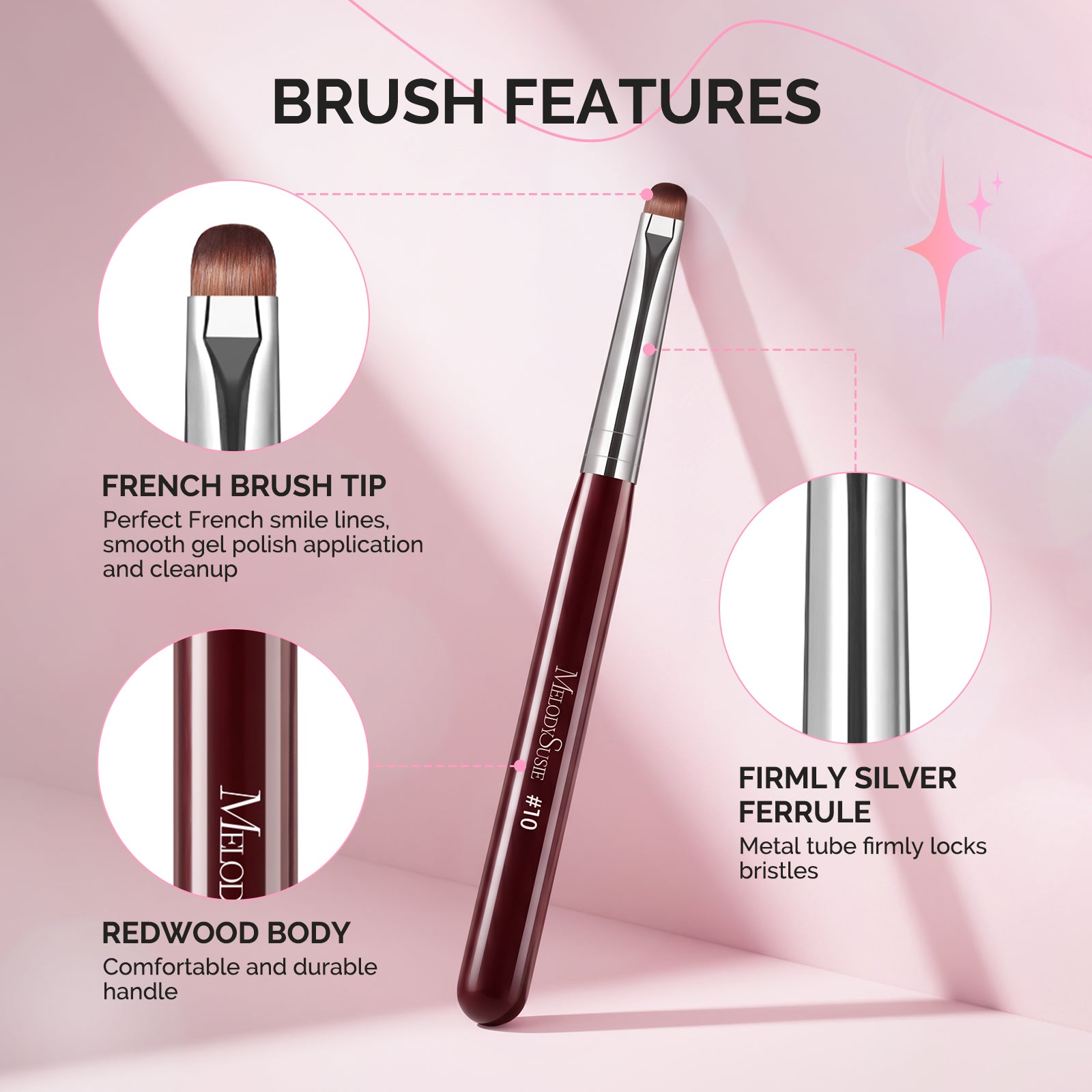 French Manicure with Rosewood Handles Nail Brush Set with Brush Holder - Sizes #10, #12, #14, #16