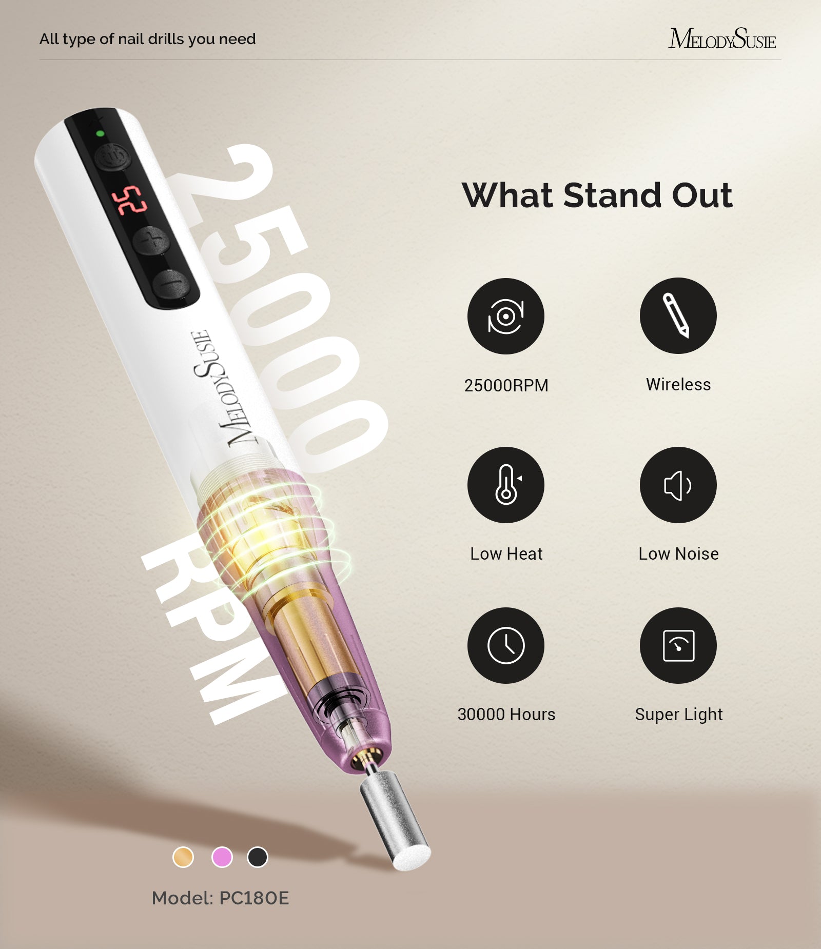 PC180E Pen-Shaped Rechargeable Nail Drill 25,000RPM - Pink Gold