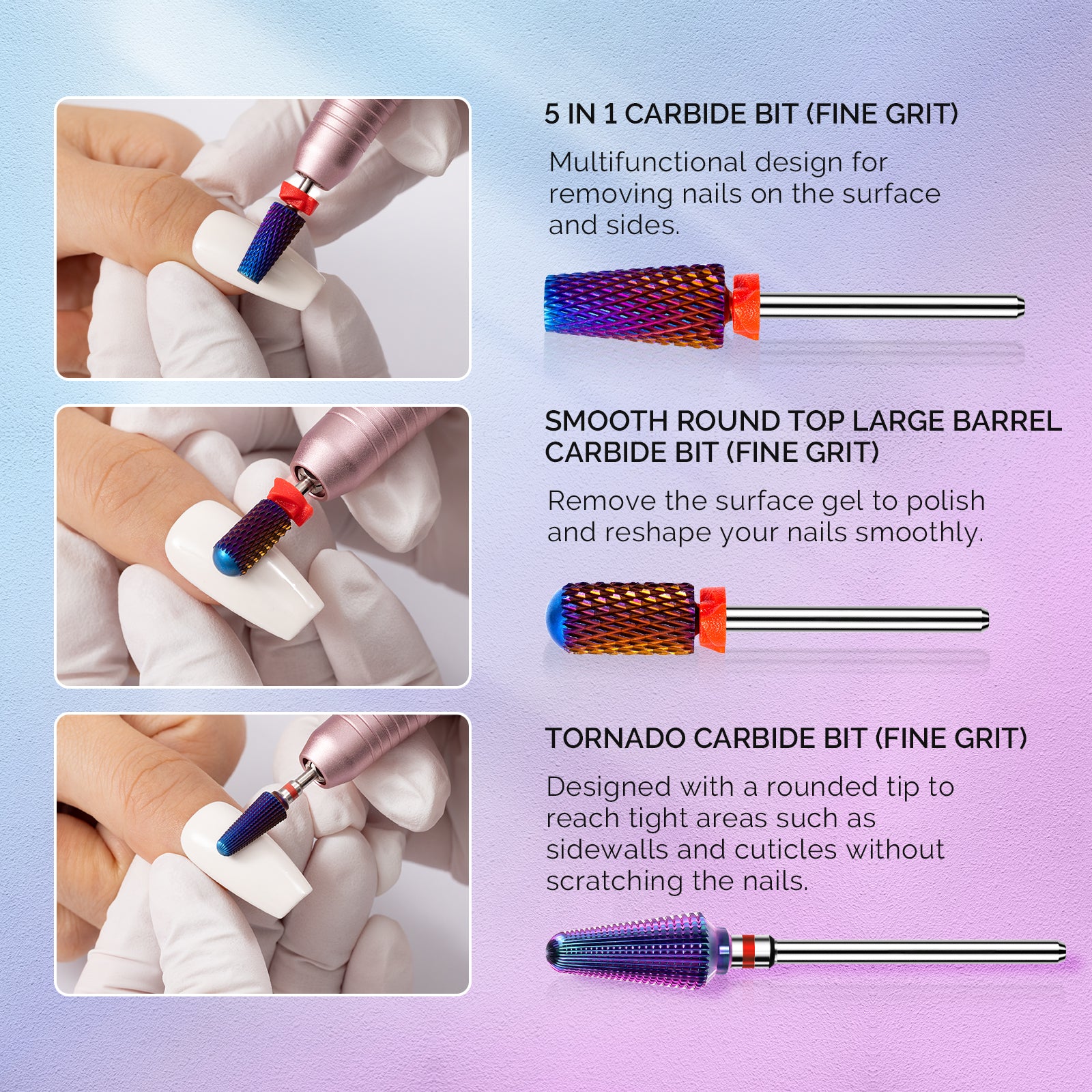 3Pcs Carbide Tungsten Nail Drill Bits Set