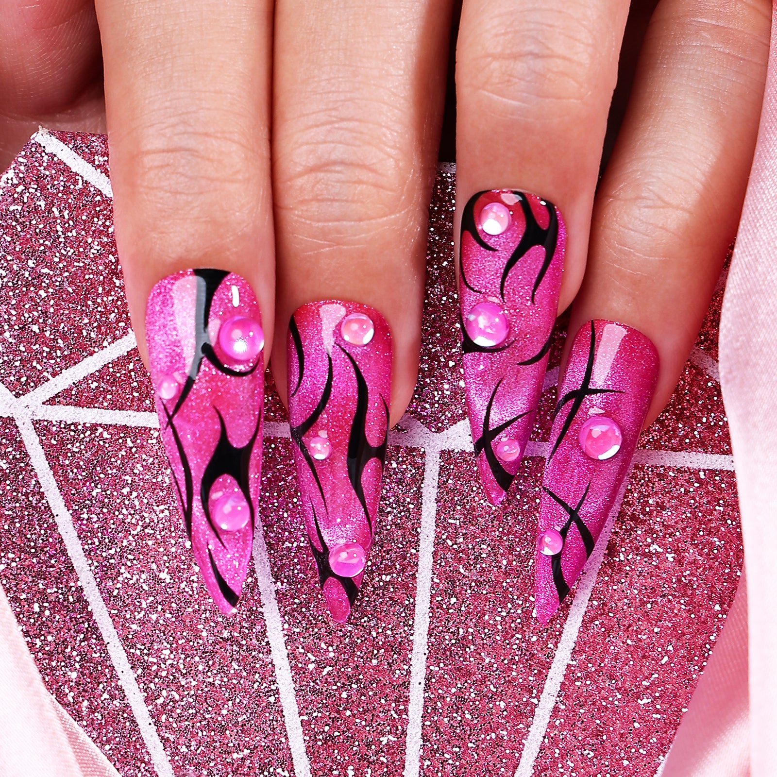 Pink Velvet Stiletto Long Press On Nails | MelodySusie