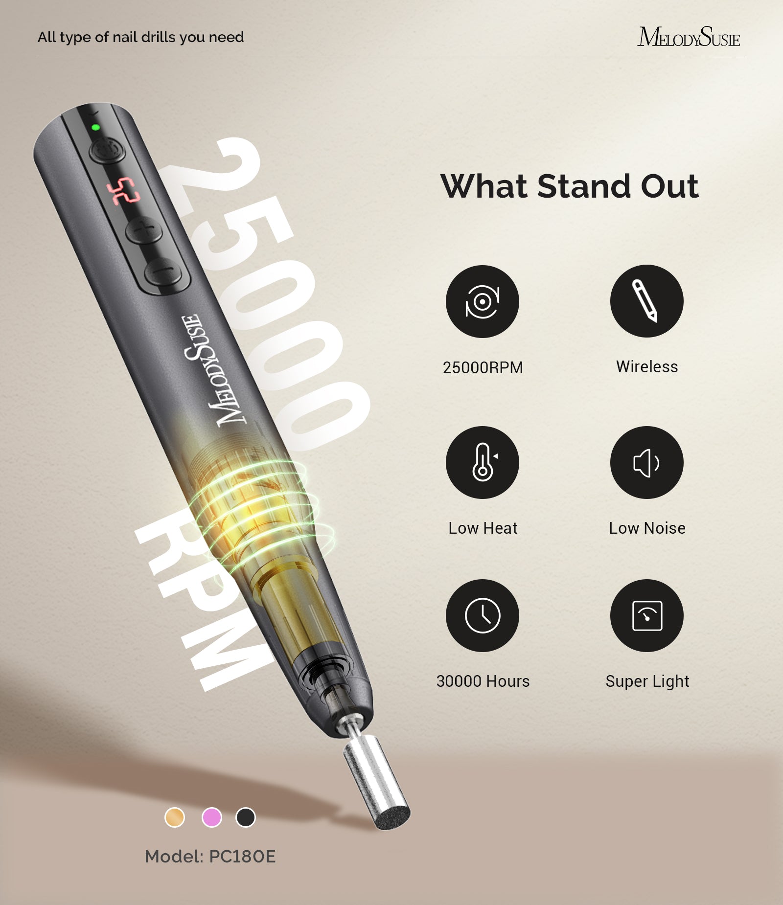 PC180E Pen-Shaped Rechargeable Nail Drill 25,000RPM - Black