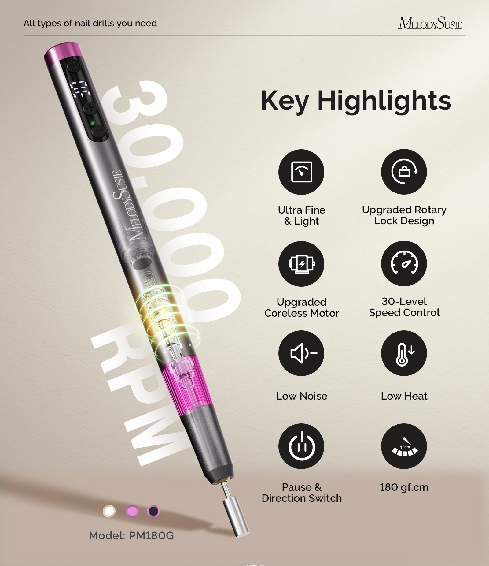 PM180G Rechargeable 30000RPM Nail Drill - Black