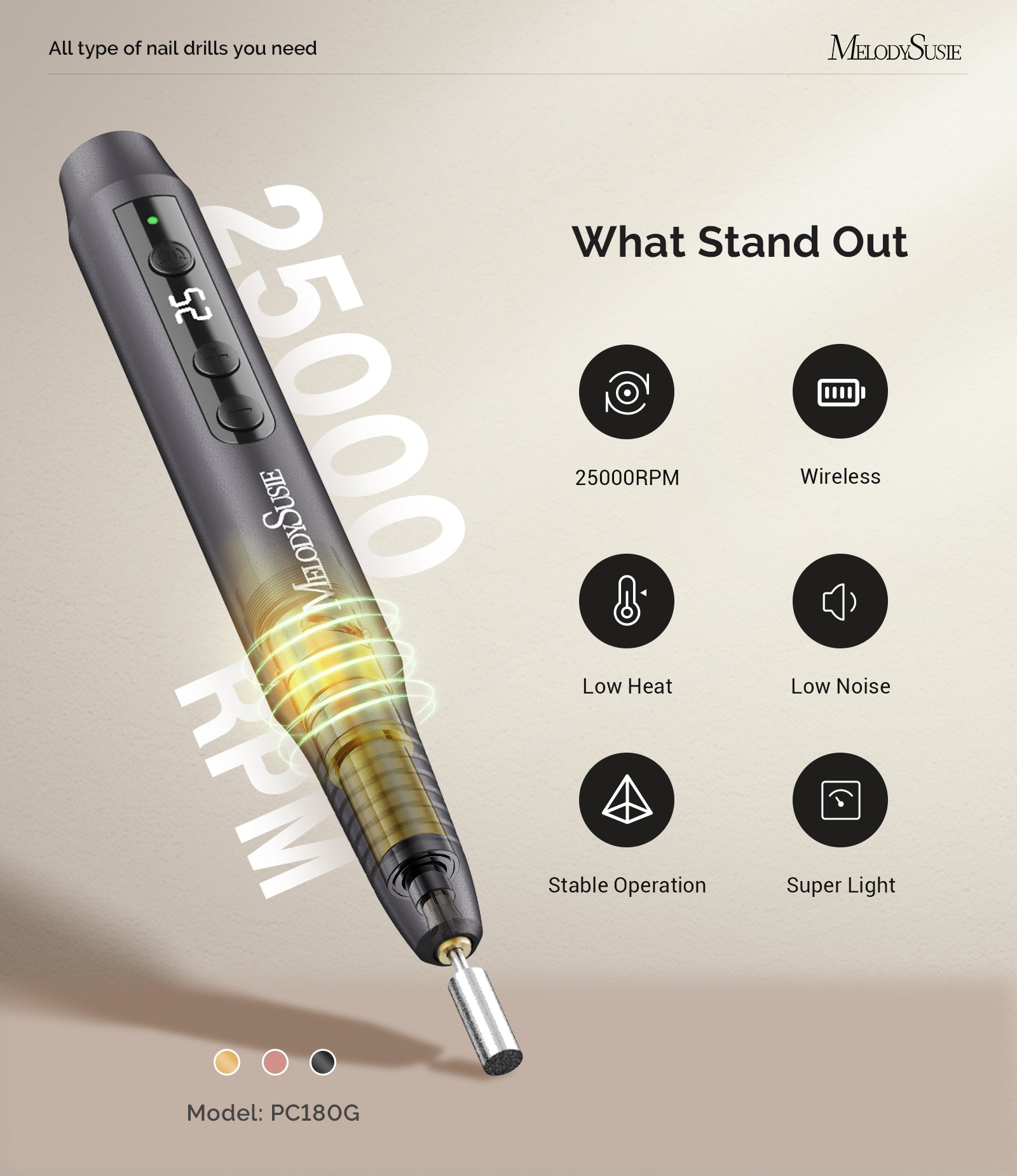 PC180G Pen-Shaped Rechargeable Nail Drill 25,000RPM - Black