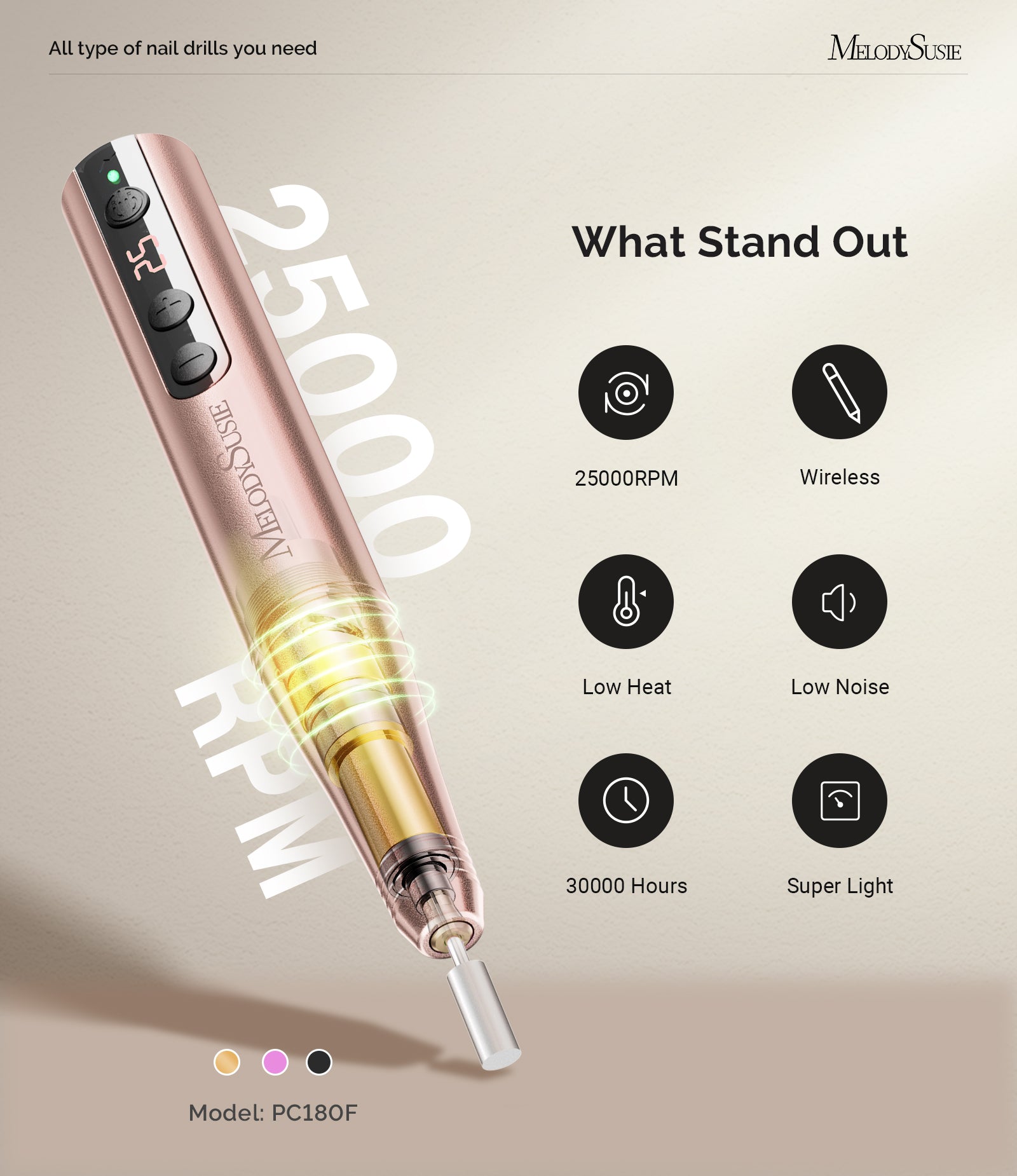 PC180F Pen-Shaped Rechargeable Nail Drill 25,000RPM - Gold