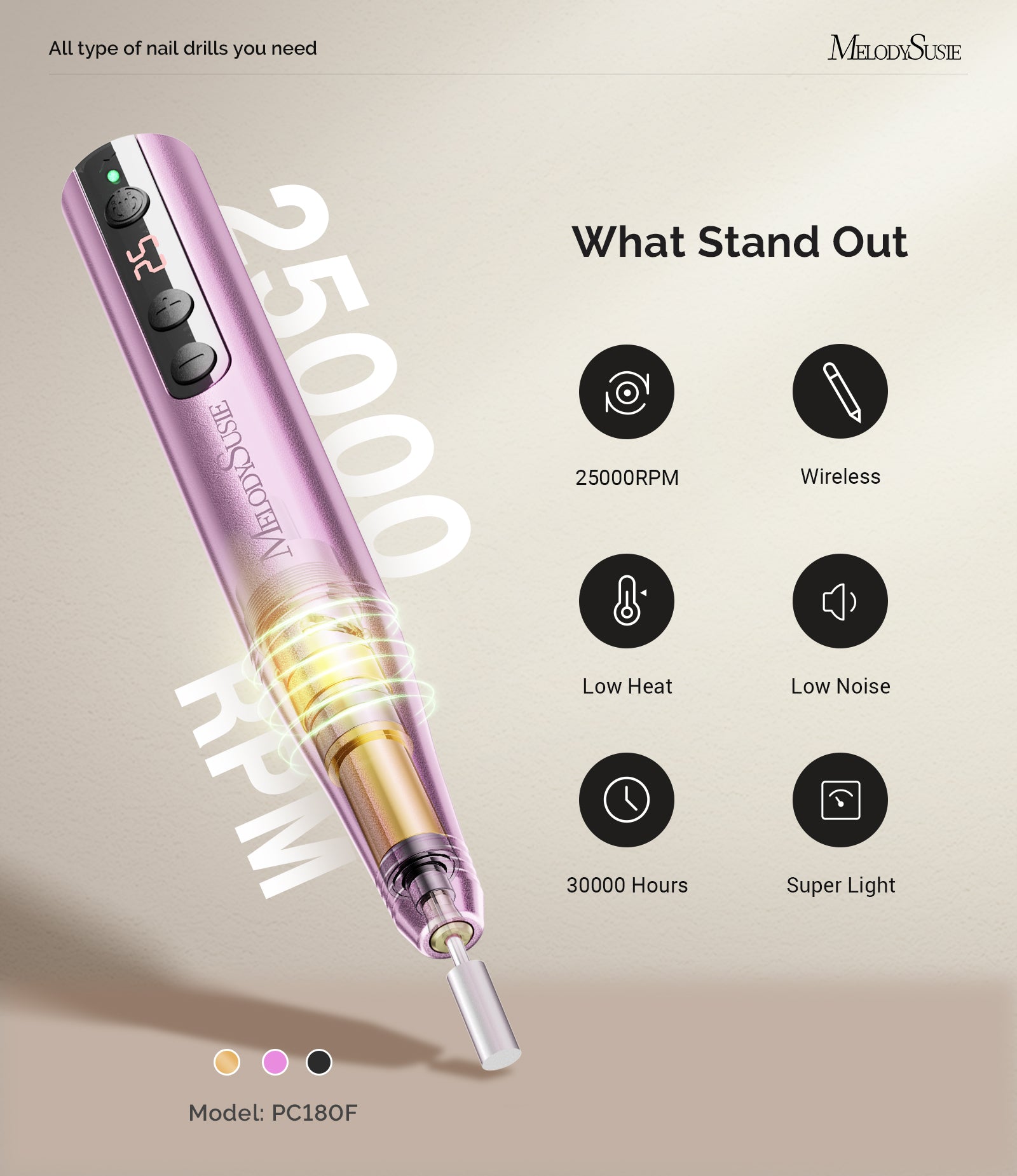 PC180F Pen-Shaped Rechargeable Nail Drill 25,000RPM - Rose Gold