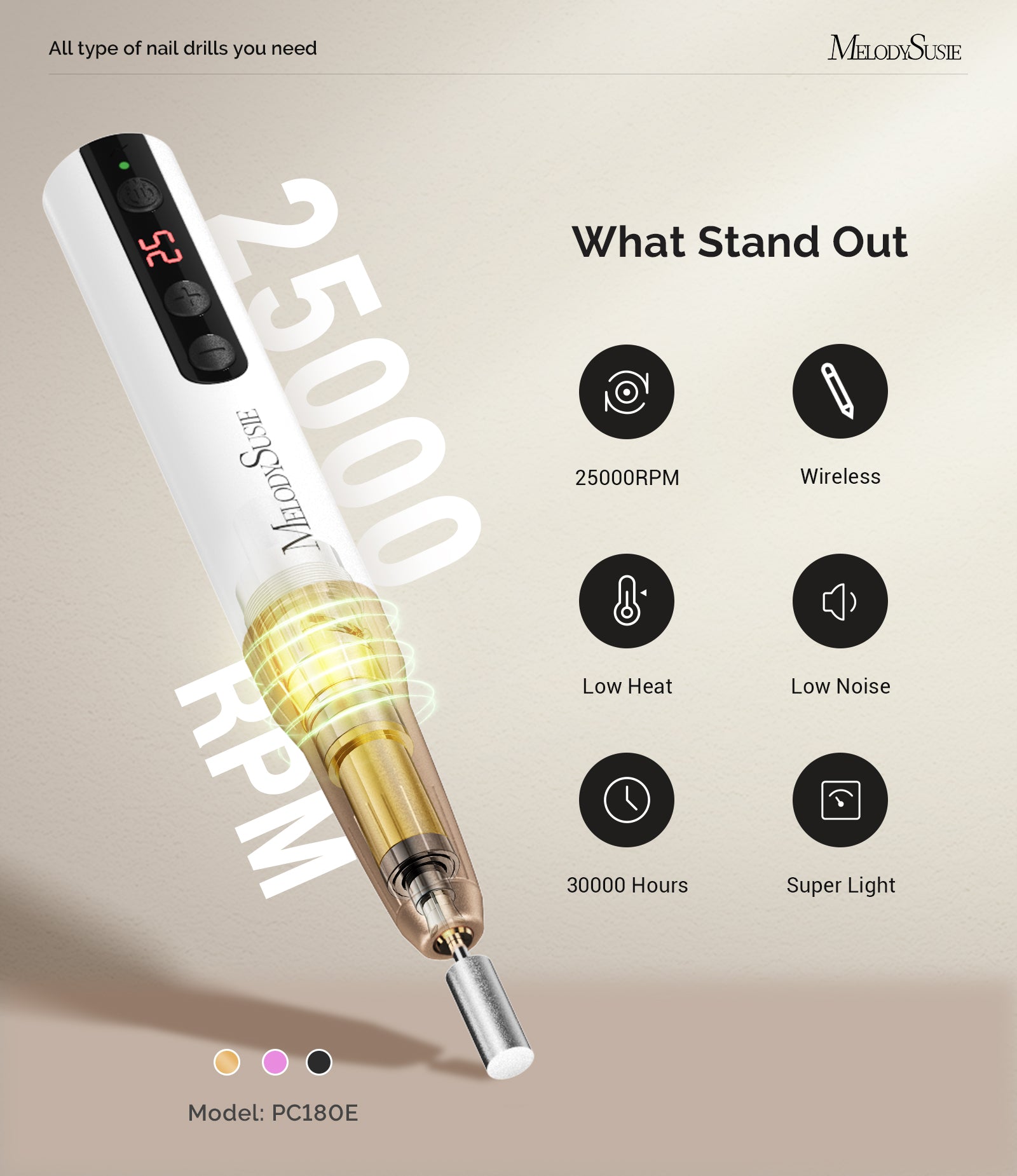 PC180E Pen-Shaped Rechargeable Nail Drill 25,000RPM - White Gold