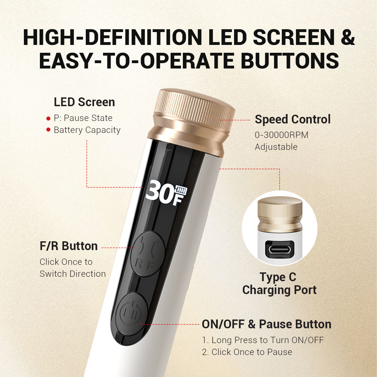 SM180F Portable & Stepless Speed Rechargeable Nail Drill 30000RPM