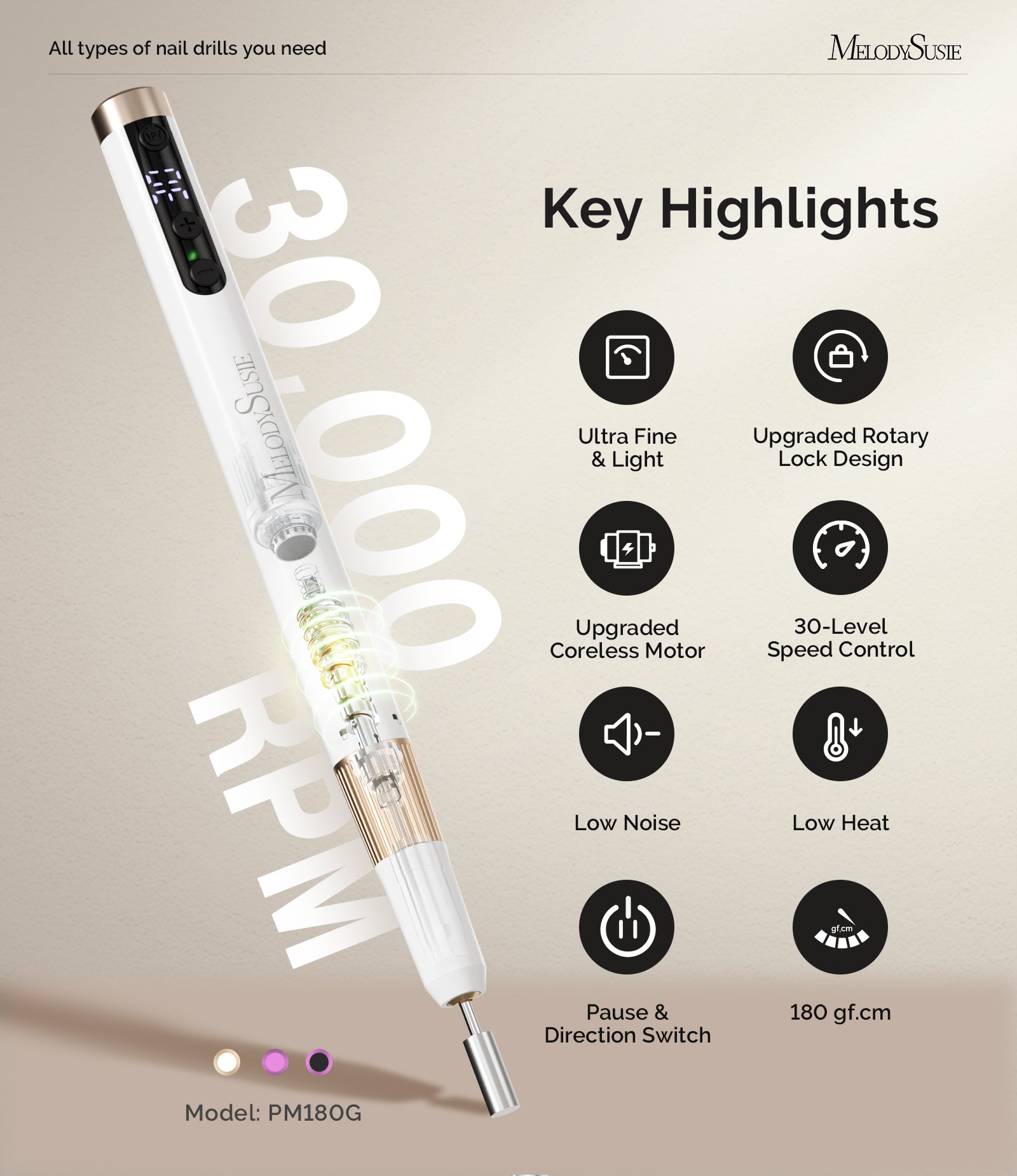 PM180G Pen-Shaped Ultra-Slim Rechargeable Nail Drill 30,000RPM - White