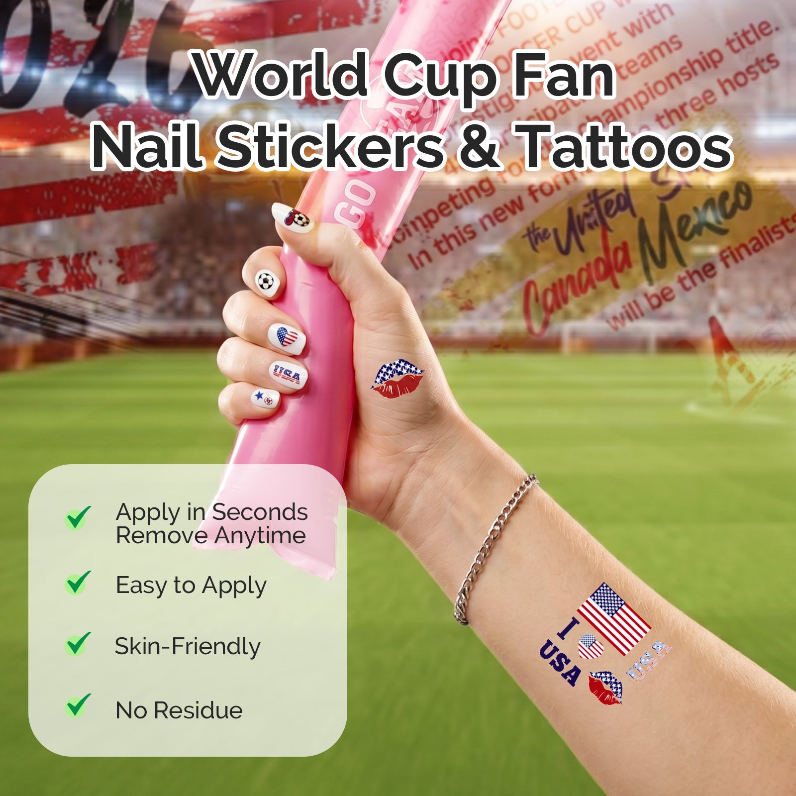 Gameday FanGlow Kit with World Cup Soccer Flag Nail Strips & Face Temporary Tattoos