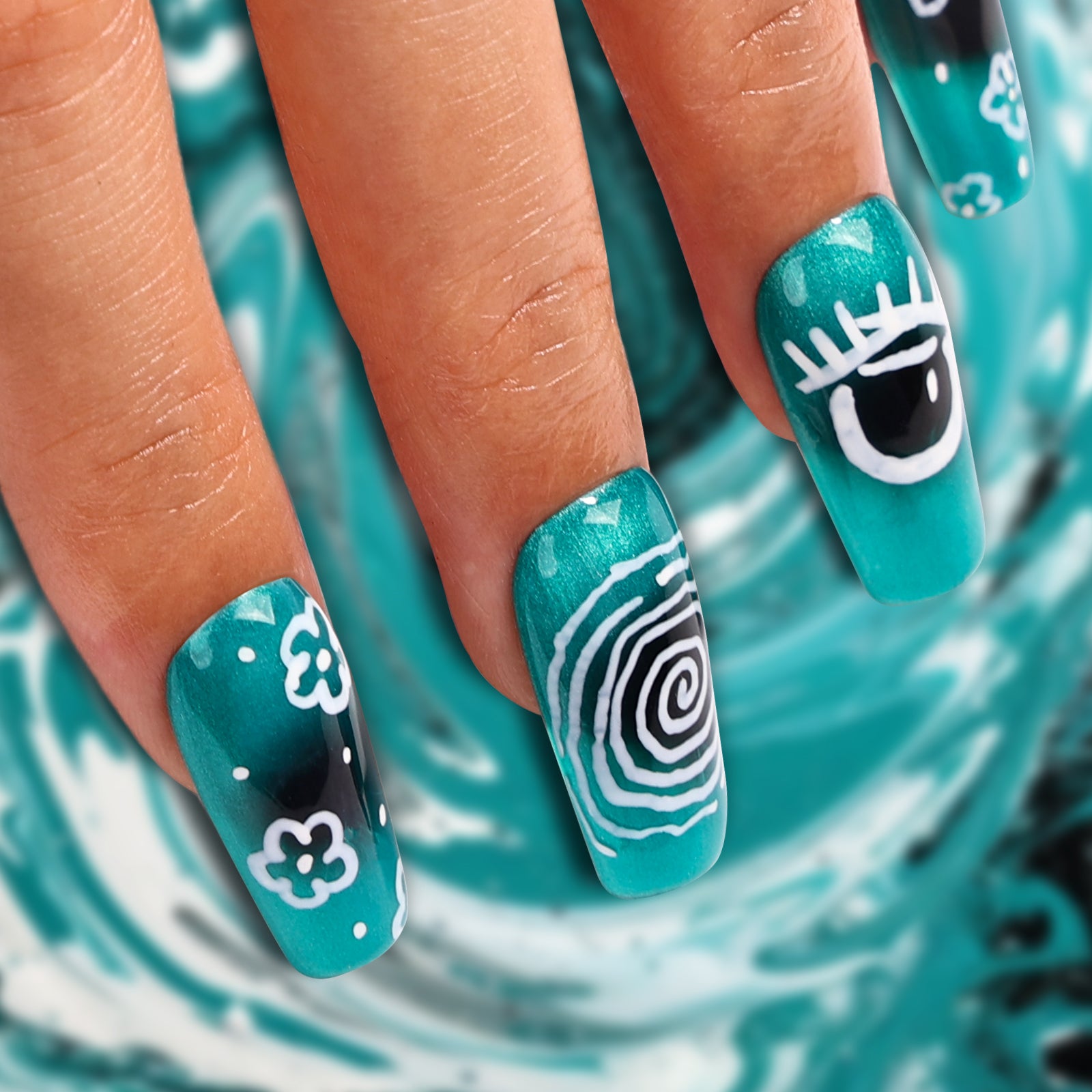 Aqua Swirls Square Regular Press On Nails
