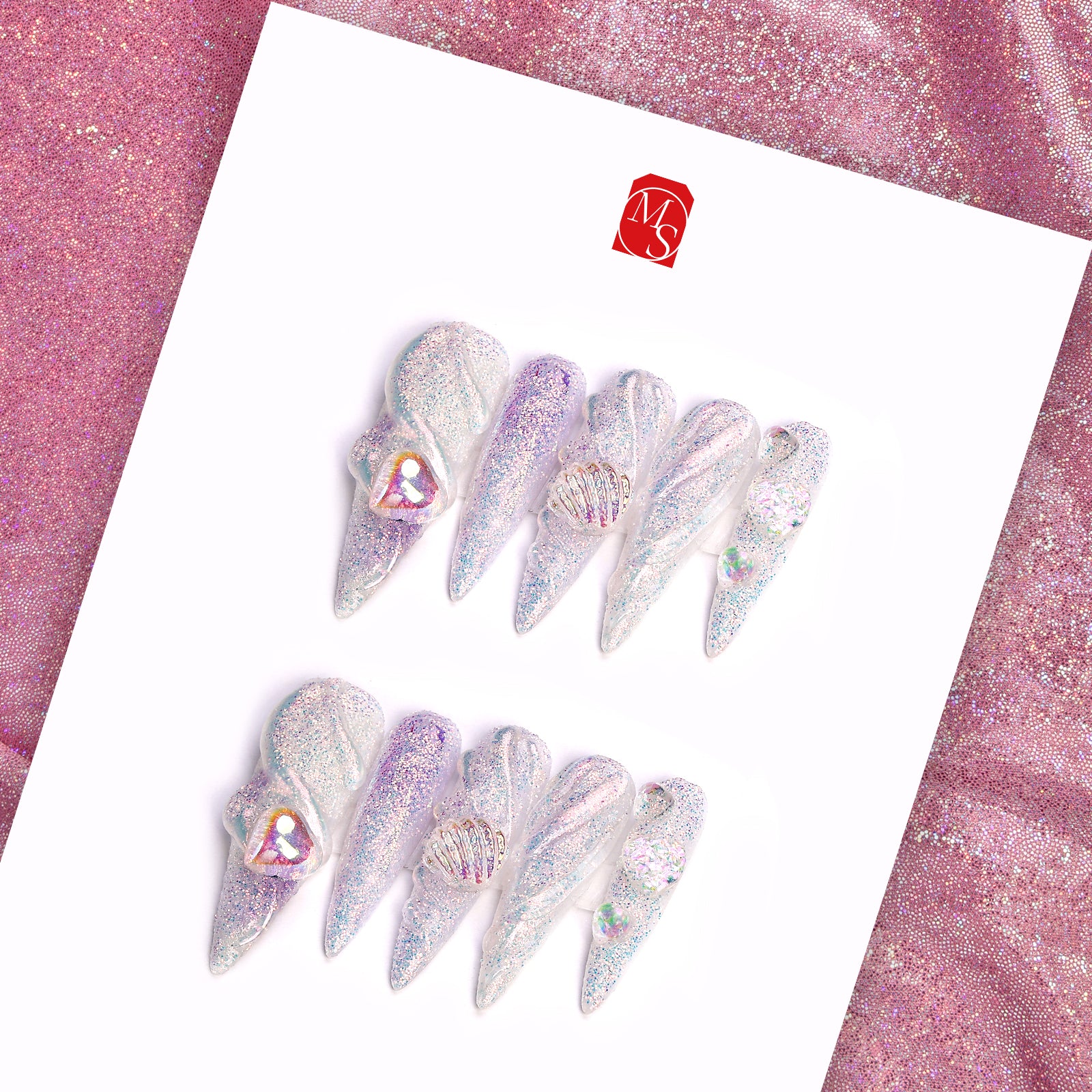 Shell Shimmer Stiletto Long Press On Nails
