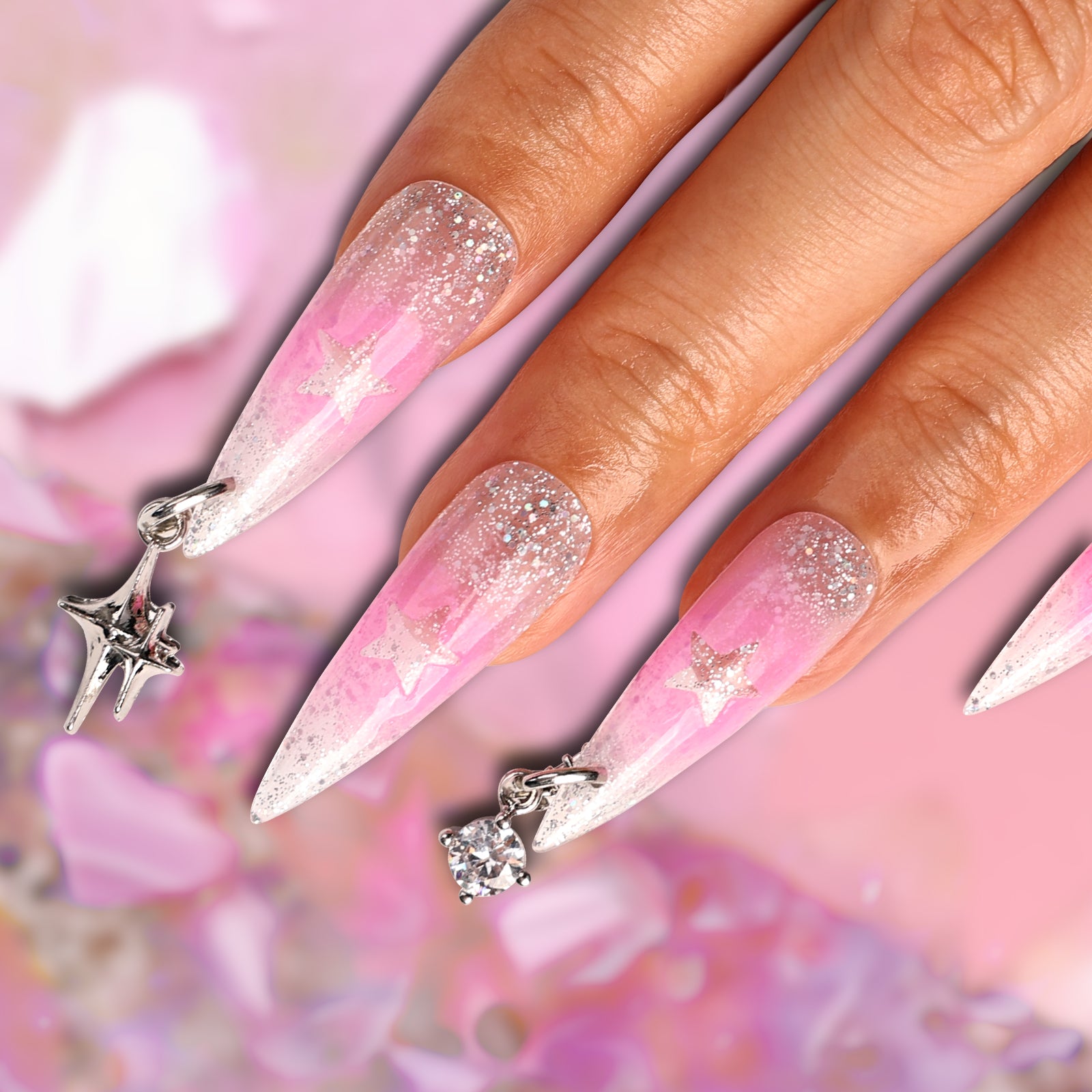 Starlit Blush Stiletto Mid Length Press On Nails| MelodySusie