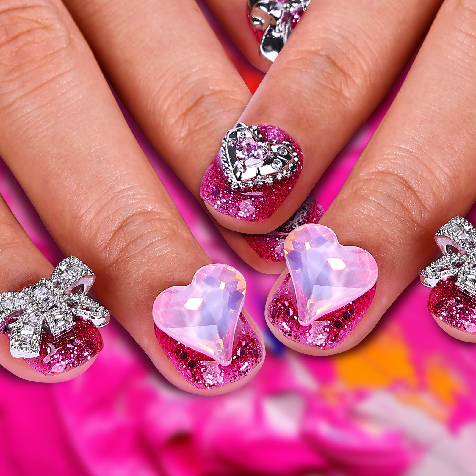 Hot Pink Glitter Square Petite Press On Nails | MelodySusie
