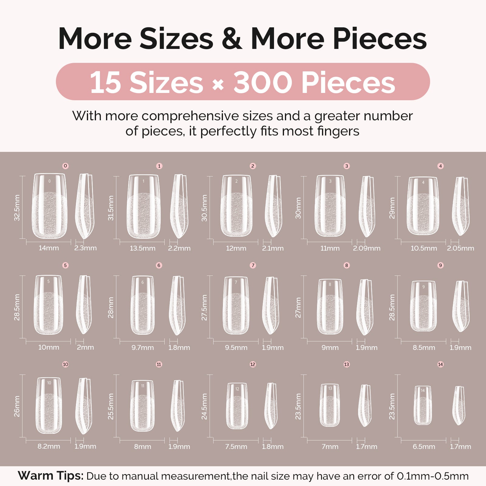 300Pcs Half Matte Clear Acrylic Full Cover Pre-Built Nail Tips & 20g Solid Nail Glue Gel