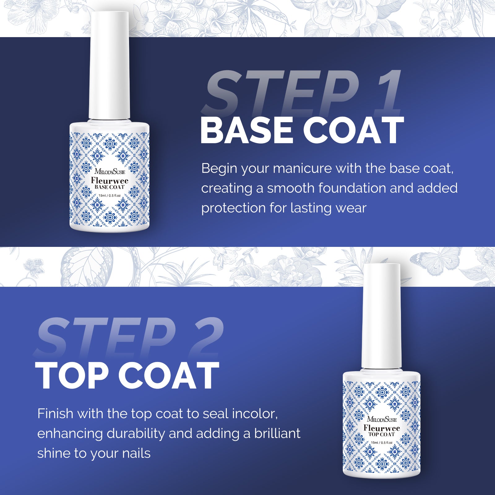 Fleurwee 15ml Top & Base Coat - HEMA-Free & HPMA-Free & TPO-Free Nail Gel Polish