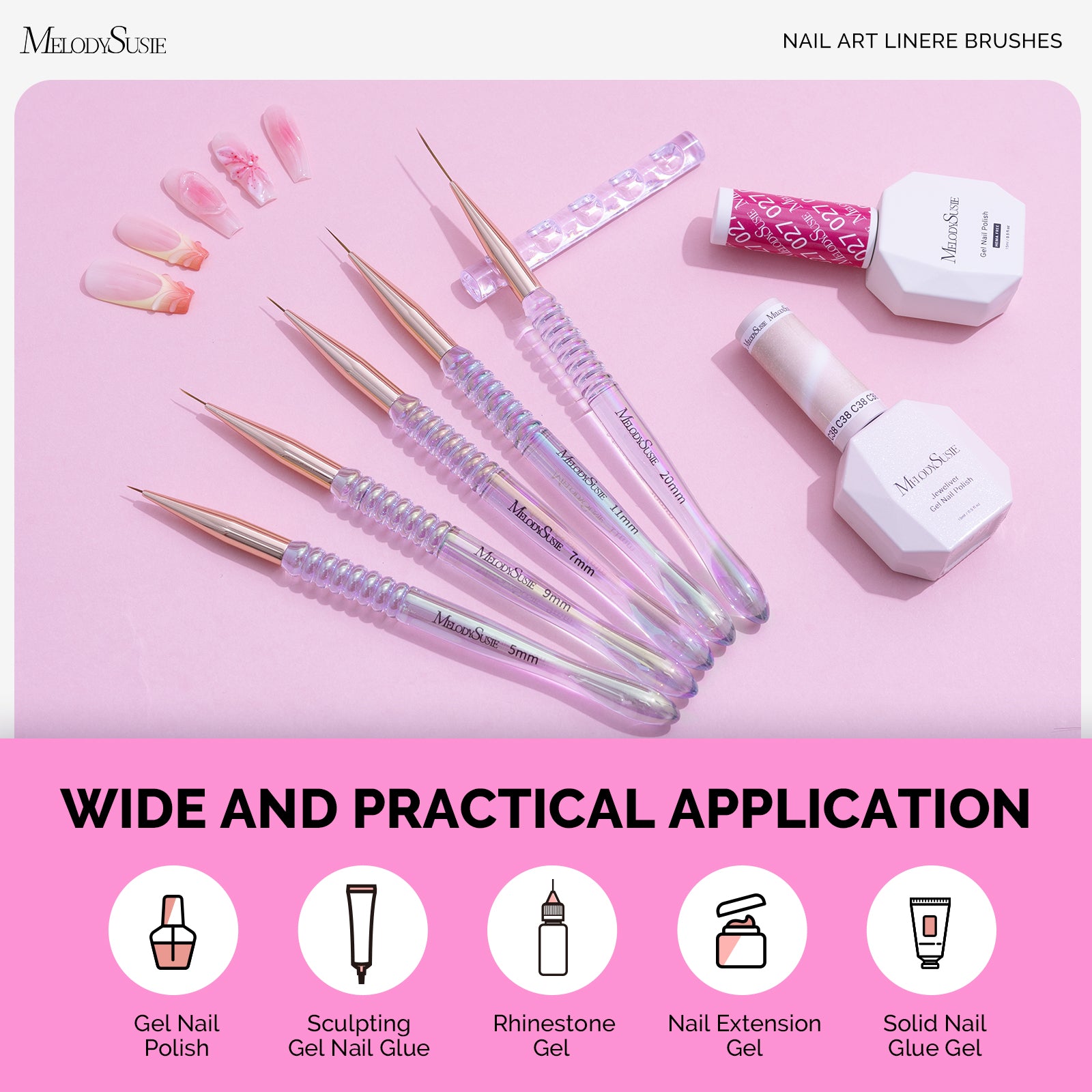 5Pcs Nail Art Liner Brushes with Nail Brush Holder - Sizes 5/7/9/11/20mm