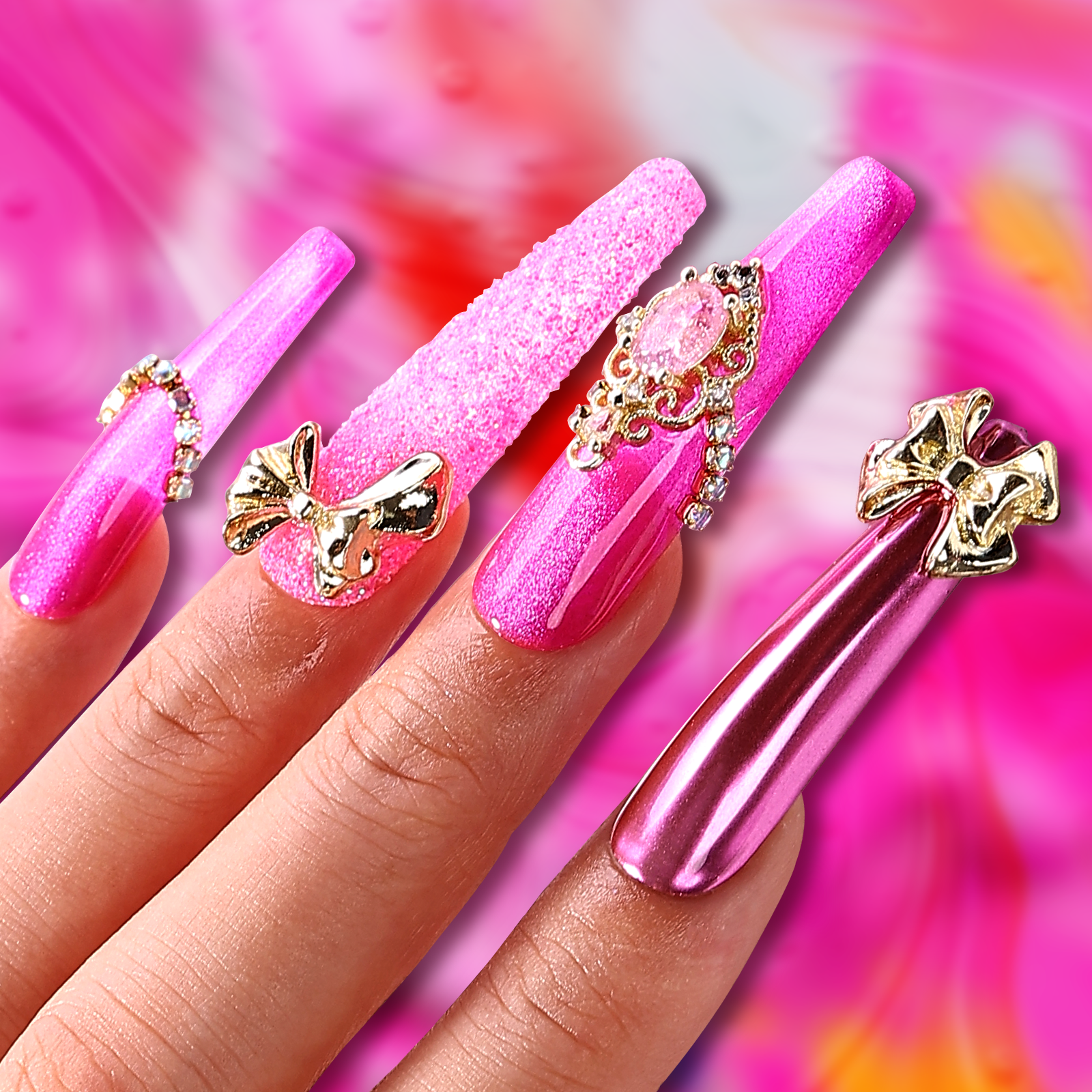 Pink Flutter Coffin Long Press On Nails| MelodySusie