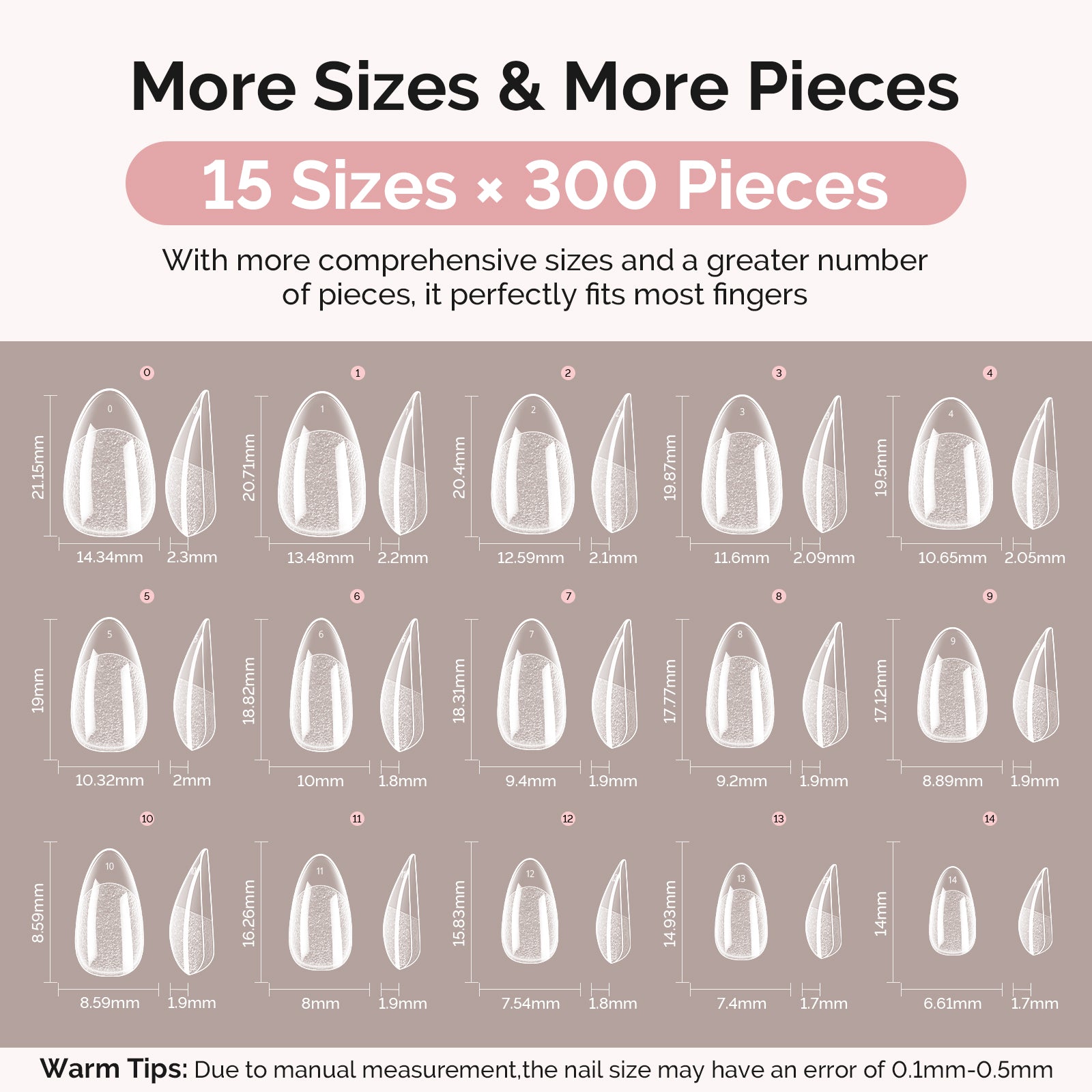 300Pcs Half Matte Clear Acrylic Full Cover Pre-Built Nail Tips & 20g Solid Nail Glue Gel