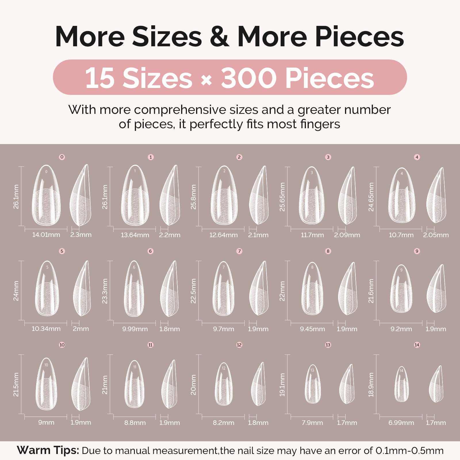 300Pcs Half Matte Clear Acrylic Full Cover Pre-Built Nail Tips & 20g Solid Nail Glue Gel