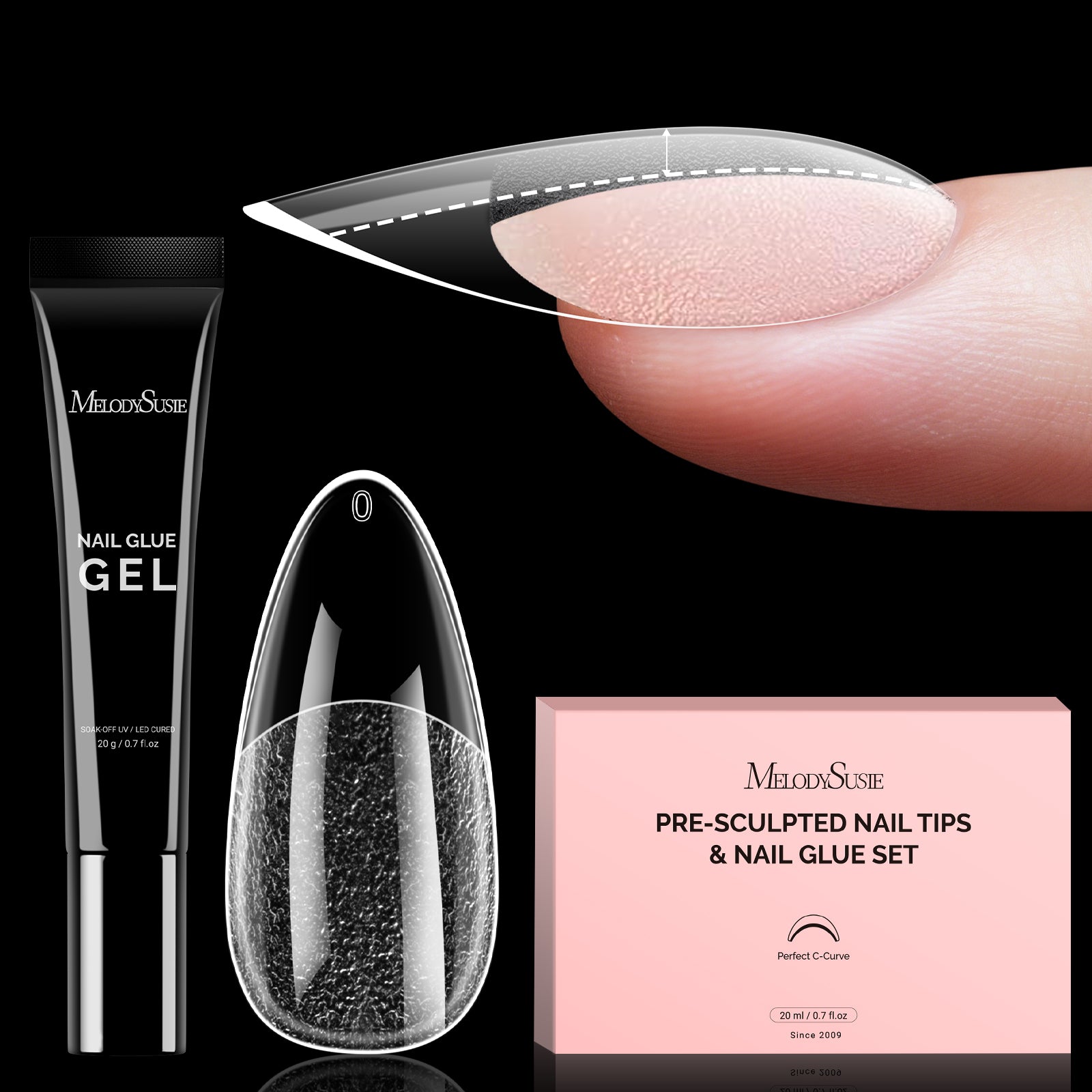 300Pcs Half Matte Clear Acrylic Full Cover Pre-Built Nail Tips & 20g Solid Nail Glue Gel