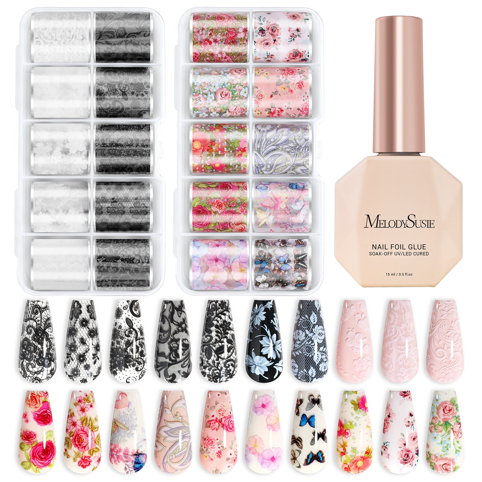 Nail Foil Glue Gel with 20 Rolls Lace Flower Stickers Set