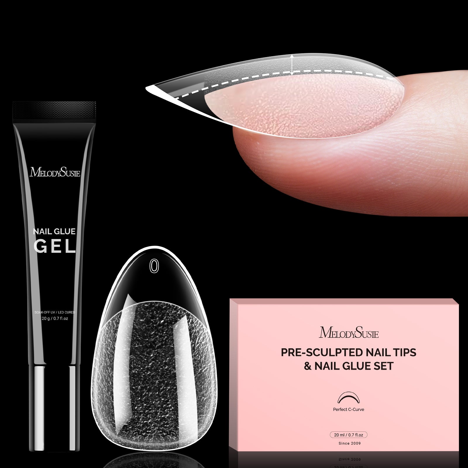 300Pcs Half Matte Clear Acrylic Full Cover Pre-Built Nail Tips & 20g Solid Nail Glue Gel