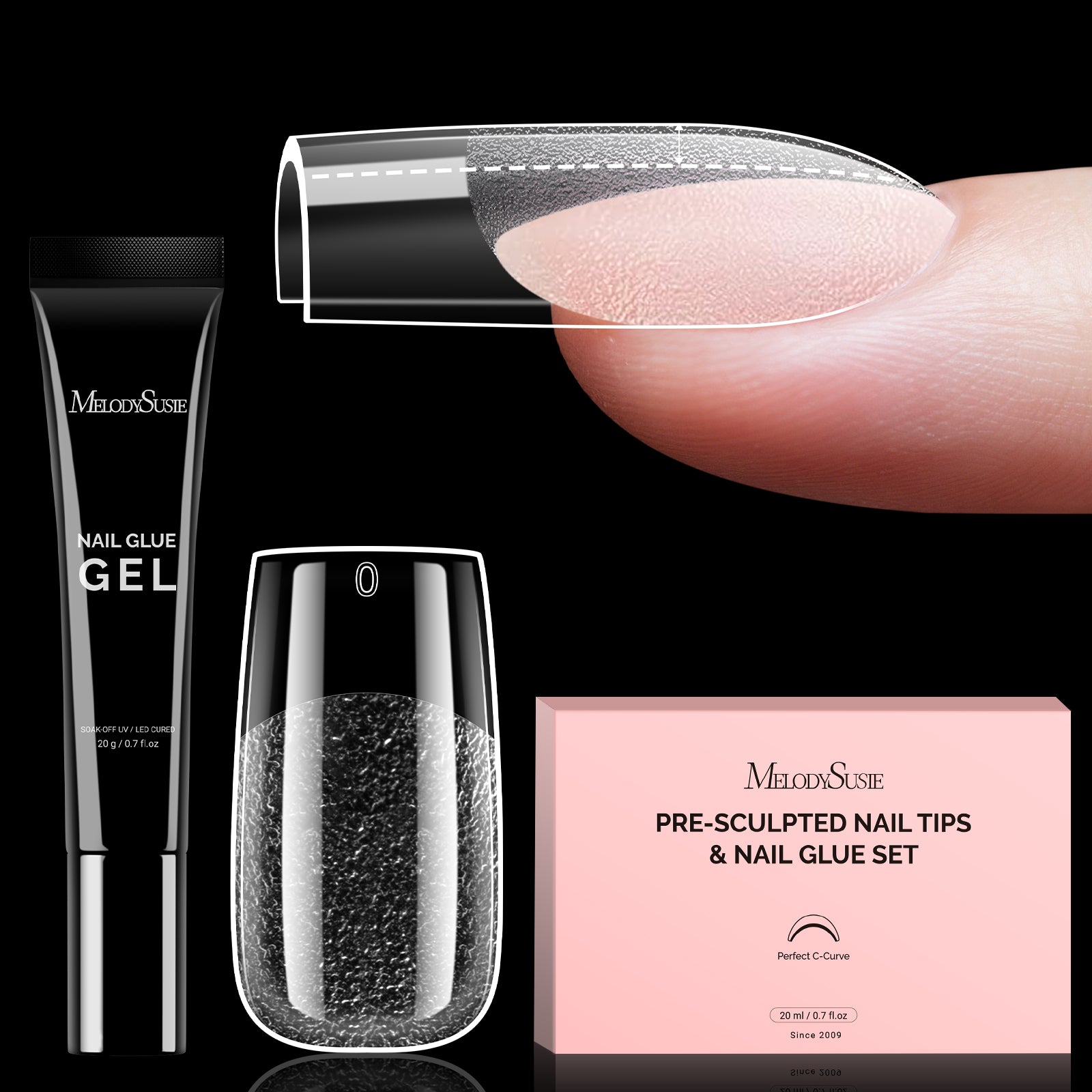 300Pcs Half Matte Clear Acrylic Full Cover Pre-Built Nail Tips & 20g Solid Nail Glue Gel