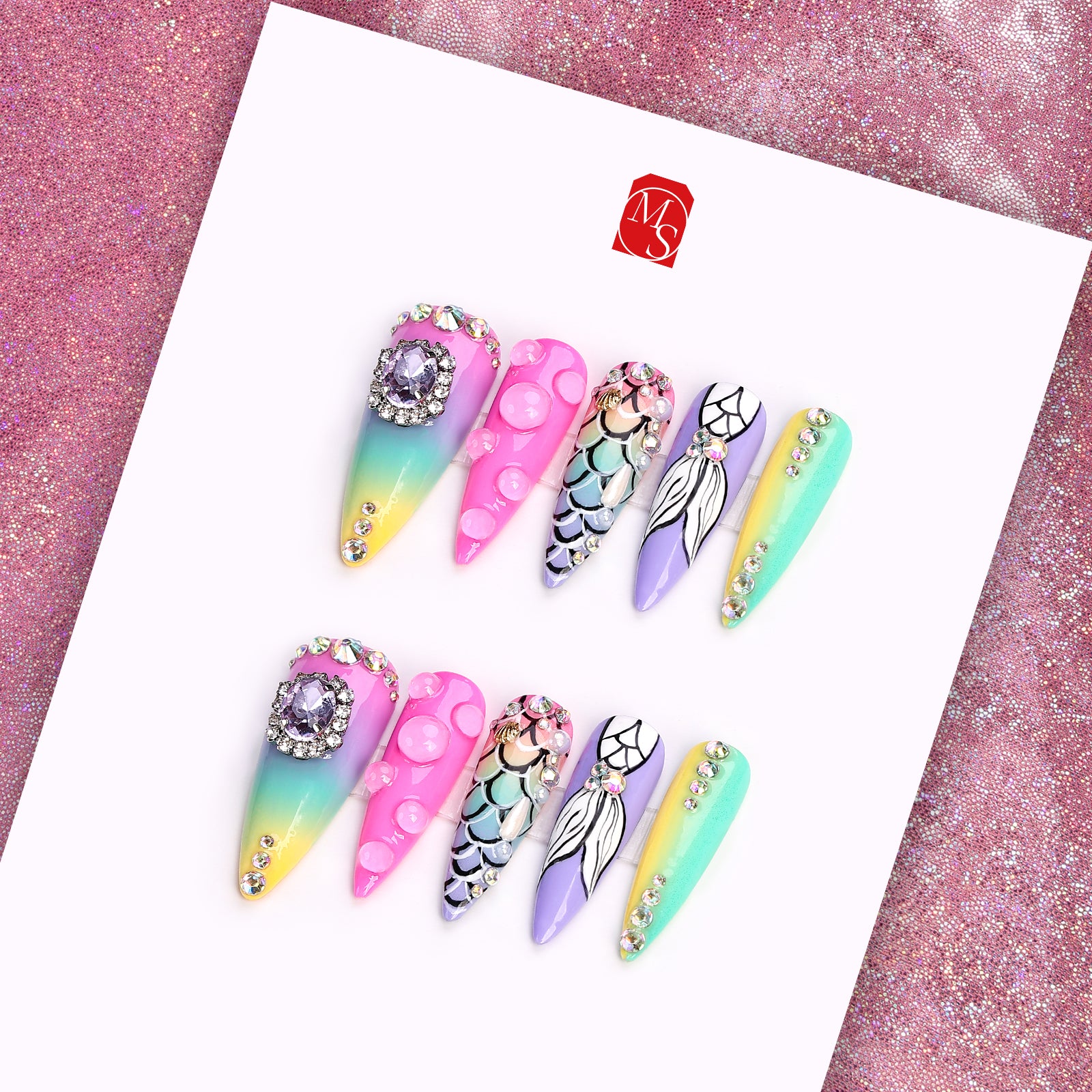 Mermaid Palette Stiletto Long Press On Nails