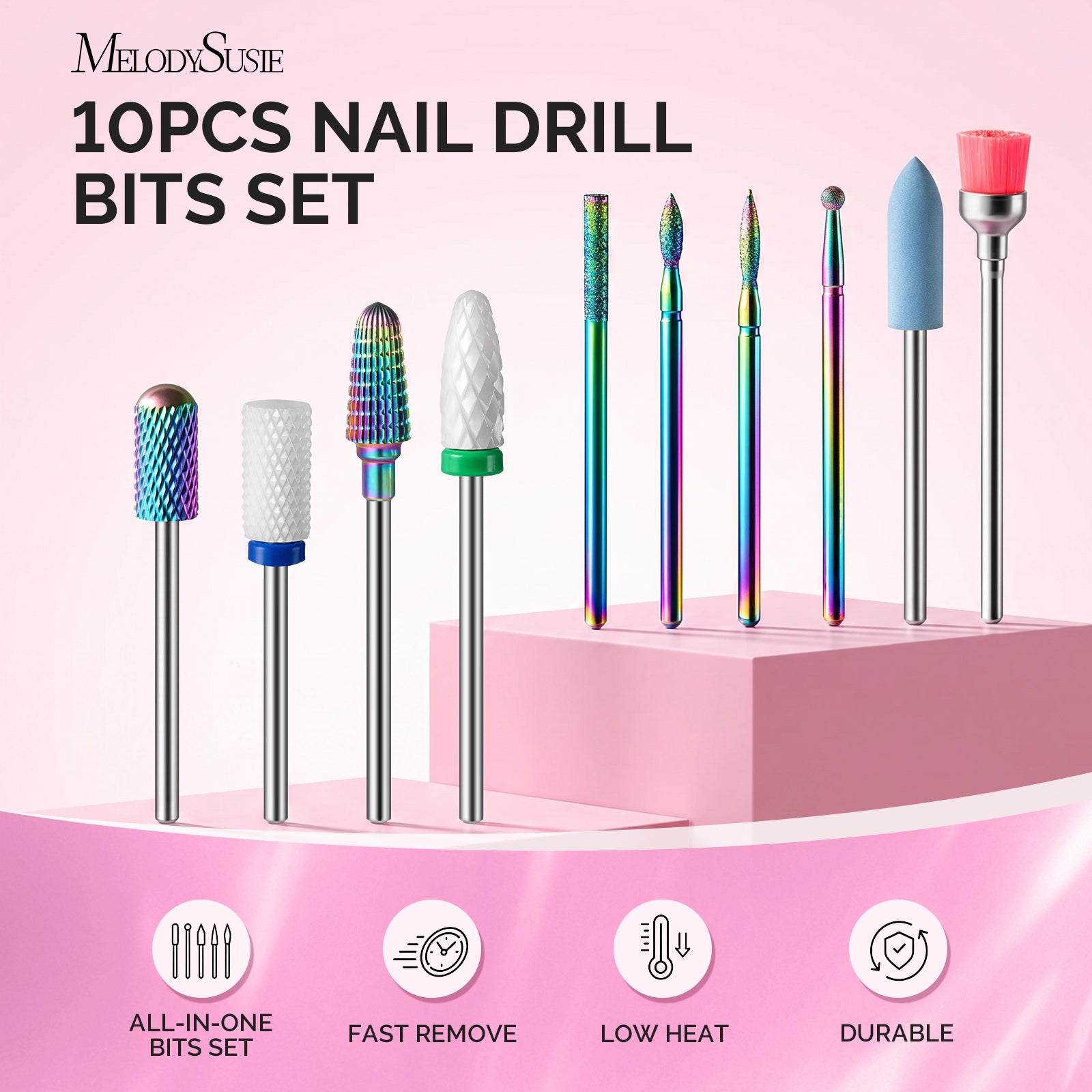 Tungsten Carbide & Ceramic 10Pcs Nail Drill Bits Set - White & Colorful